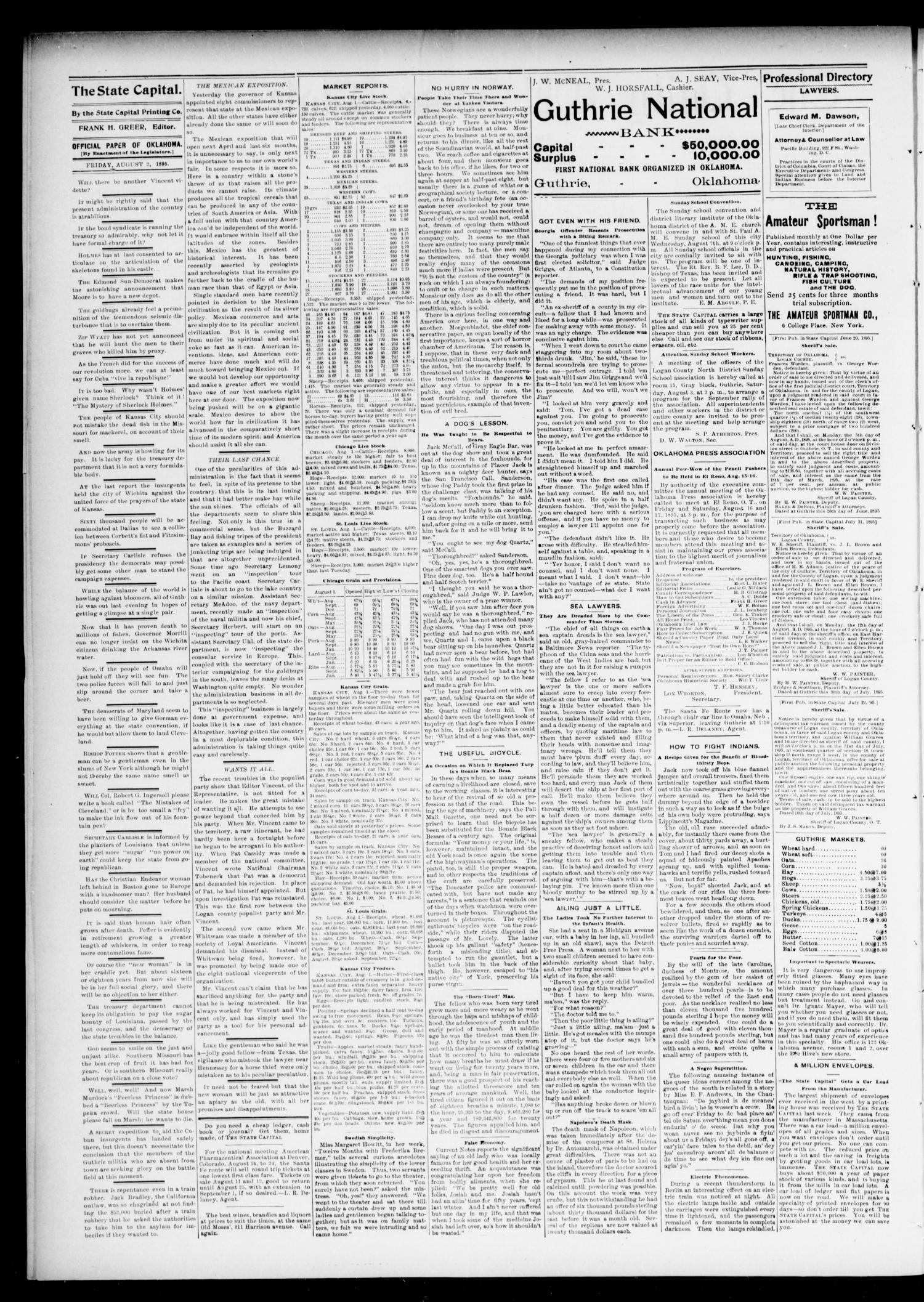 The Daily Oklahoma State Capital. (Guthrie, Okla.), Vol. 7, No. 87, Ed. 1 Friday, August 2, 1895
                                                
                                                    [Sequence #]: 2 of 4
                                                