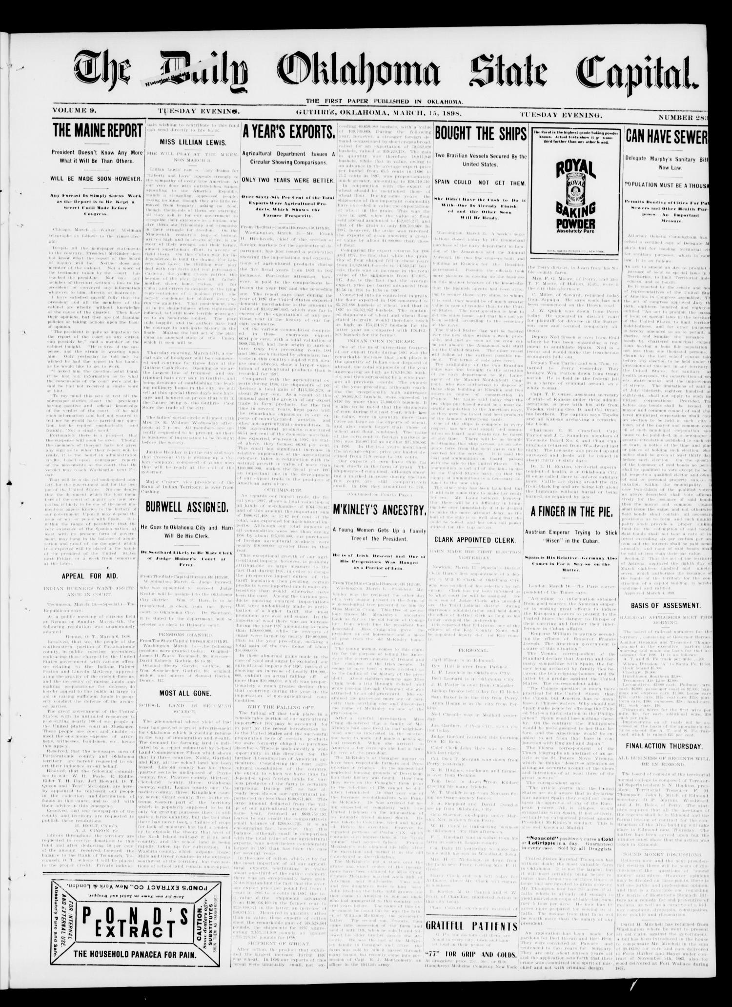 The Daily Oklahoma State Capital. (Guthrie, Okla.), Vol. 9, No. 283, Ed. 1 Tuesday, March 15, 1898
                                                
                                                    [Sequence #]: 1 of 4
                                                