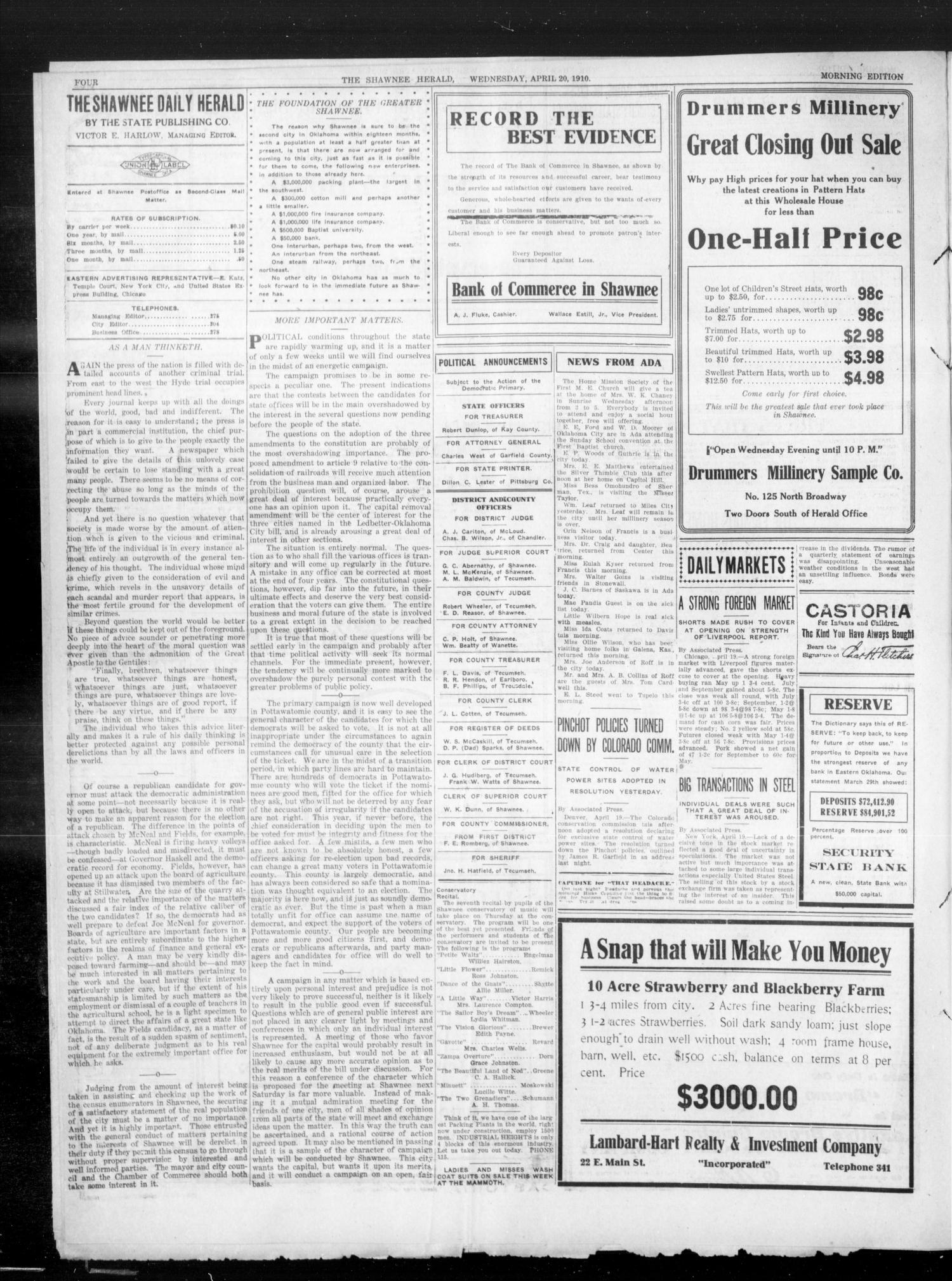 Shawnee Daily Herald. (Shawnee, Okla.), Vol. 14, No. 243, Ed. 1 Wednesday, April 20, 1910
                                                
                                                    [Sequence #]: 4 of 8
                                                