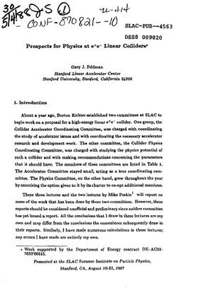 Primary view of object titled 'Prospects for physics at e/sup +/e/sup -/ linear colliders'.