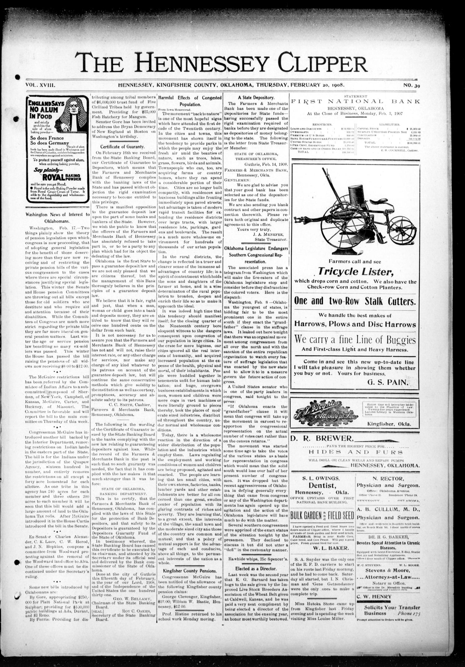 The Hennessey Clipper. (Hennessey, Okla.), Vol. 18, No. 39, Ed. 1 Thursday, February 20, 1908
                                                
                                                    [Sequence #]: 1 of 8
                                                