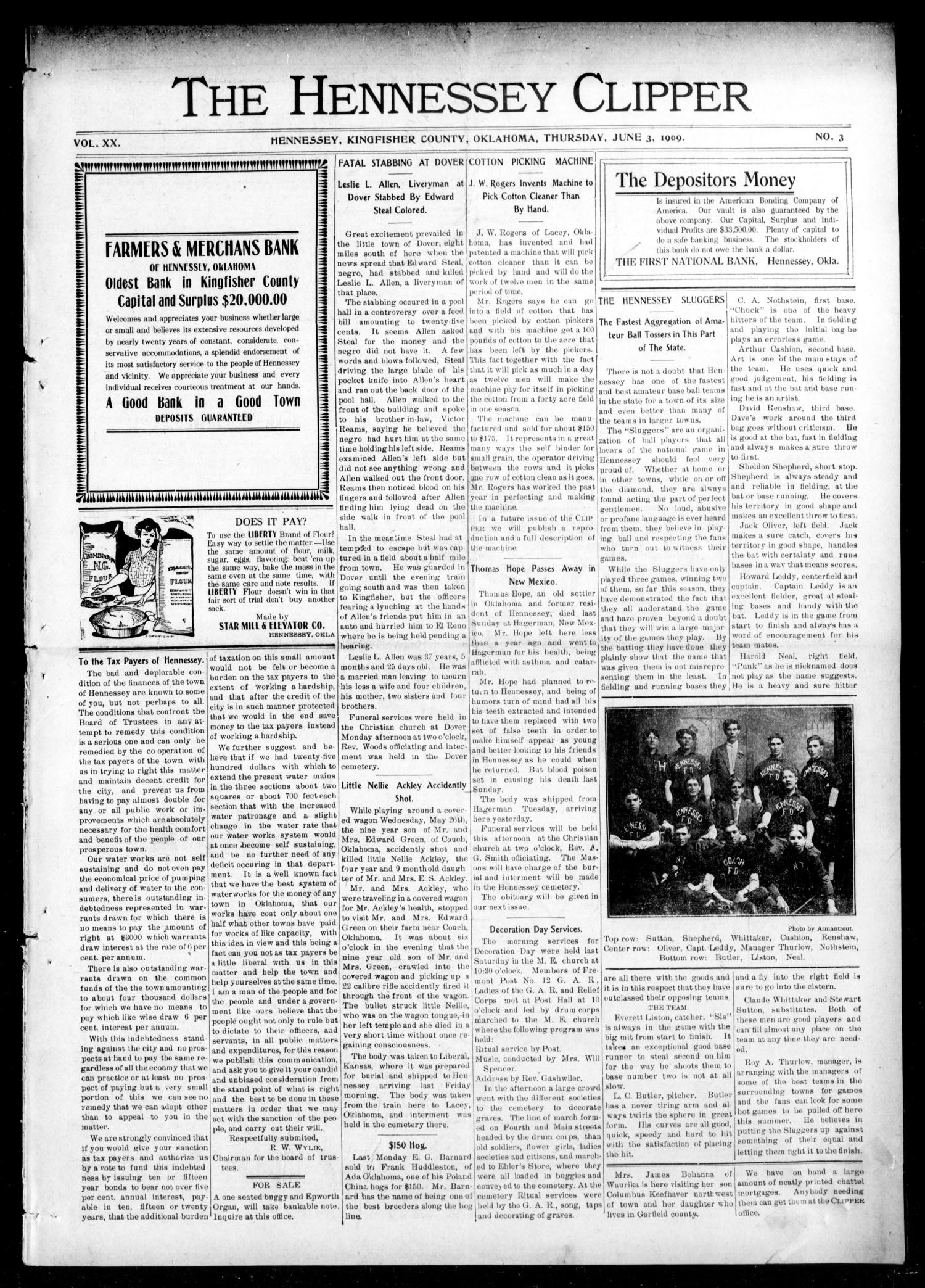 The Hennessey Clipper (Hennessey, Okla.), Vol. 20, No. 3, Ed. 1 Thursday, June 3, 1909
                                                
                                                    [Sequence #]: 1 of 8
                                                