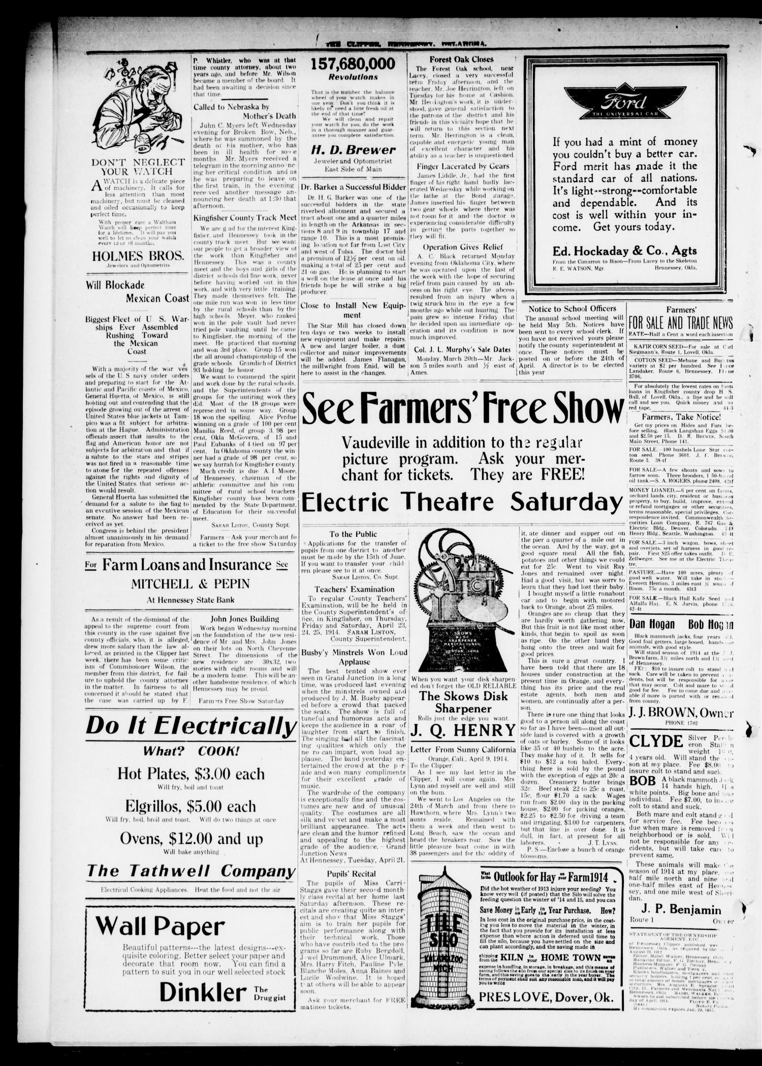 The Hennessey Clipper (Hennessey, Okla.), Vol. 24, No. 45, Ed. 1 Thursday, April 16, 1914
                                                
                                                    [Sequence #]: 4 of 10
                                                