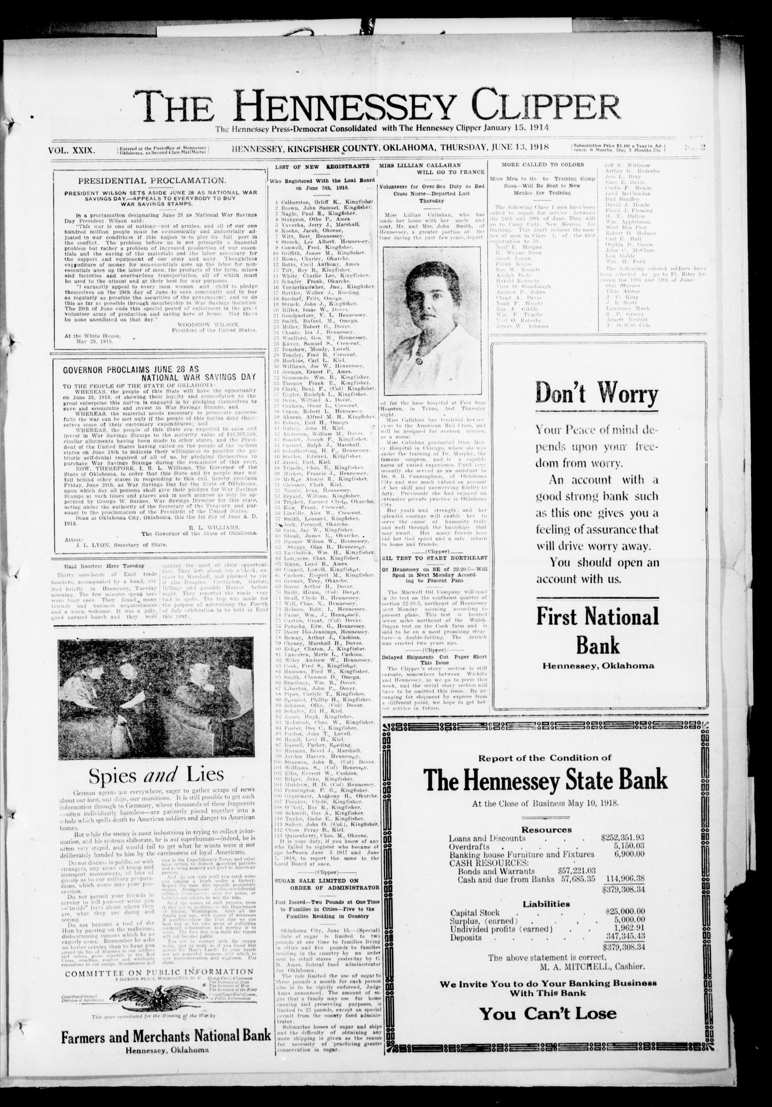 The Hennessey Clipper (Hennessey, Okla.), Vol. 29, No. 2, Ed. 1 Thursday, June 13, 1918
                                                
                                                    [Sequence #]: 1 of 6
                                                