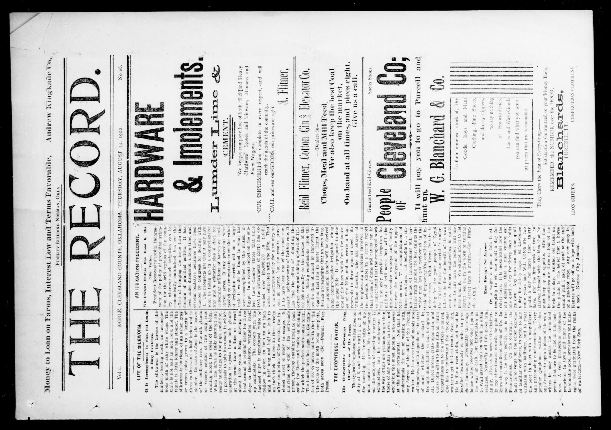 The Record. (Noble, Okla.), Vol. 1, No. 26, Ed. 1 Thursday, August 14, 1902
                                                
                                                    [Sequence #]: 3 of 10
                                                