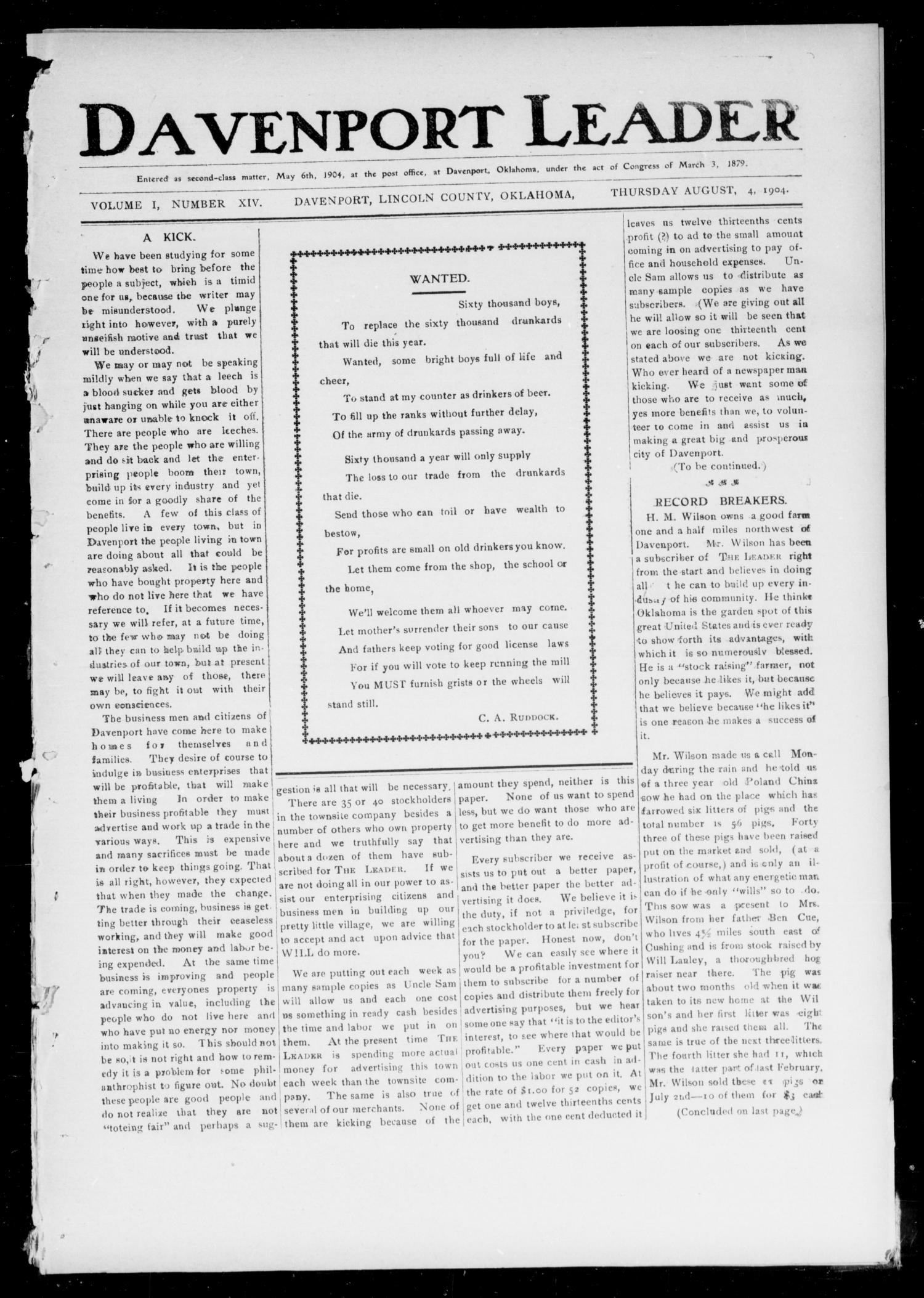 Davenport Leader (Davenport, Okla.), Vol. 1, No. 14, Ed. 1 Thursday, August 4, 1904
                                                
                                                    [Sequence #]: 1 of 4
                                                