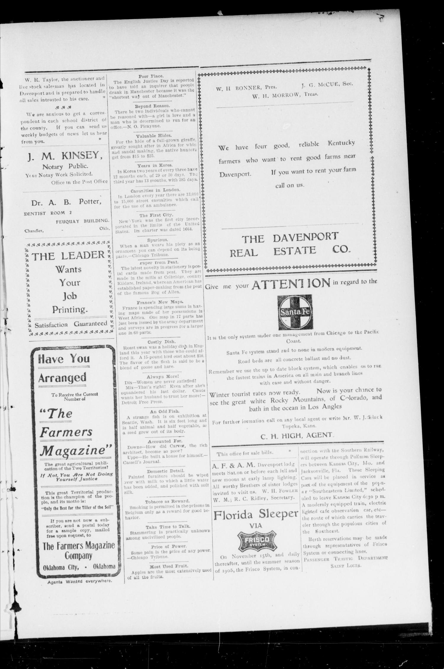 Davenport Leader (Davenport, Okla.), Vol. 1, No. 39, Ed. 1 Thursday, January 26, 1905
                                                
                                                    [Sequence #]: 5 of 6
                                                