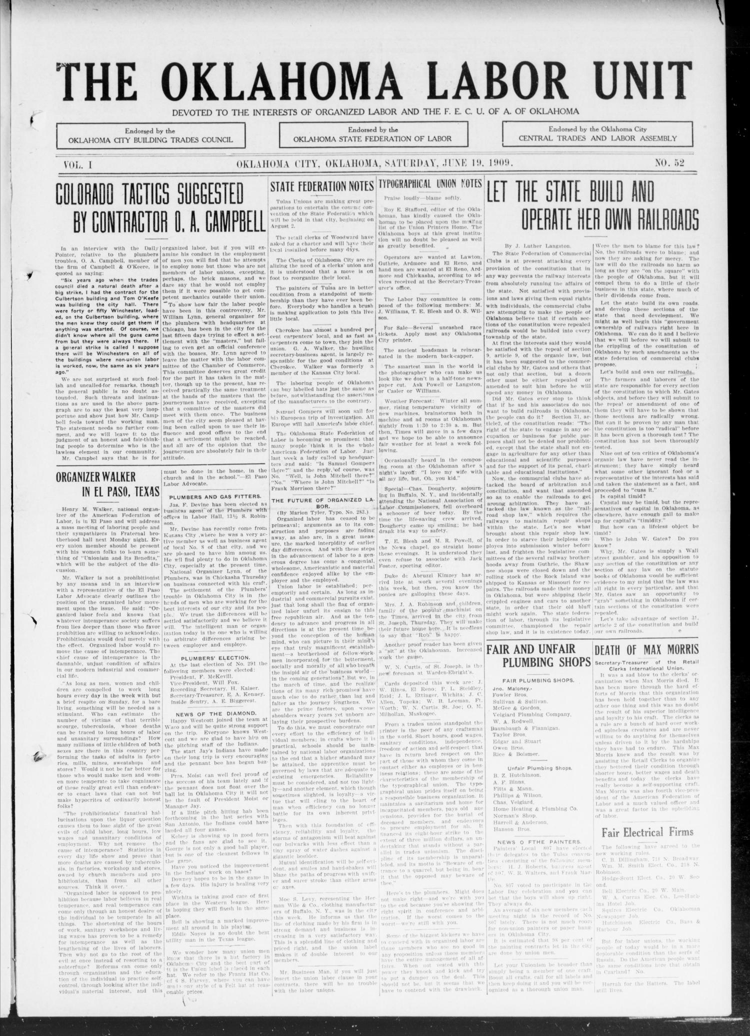 The Oklahoma Labor Unit (Oklahoma City, Okla.), Vol. 1, No. 52, Ed. 1 Saturday, June 19, 1909
                                                
                                                    [Sequence #]: 1 of 8
                                                
