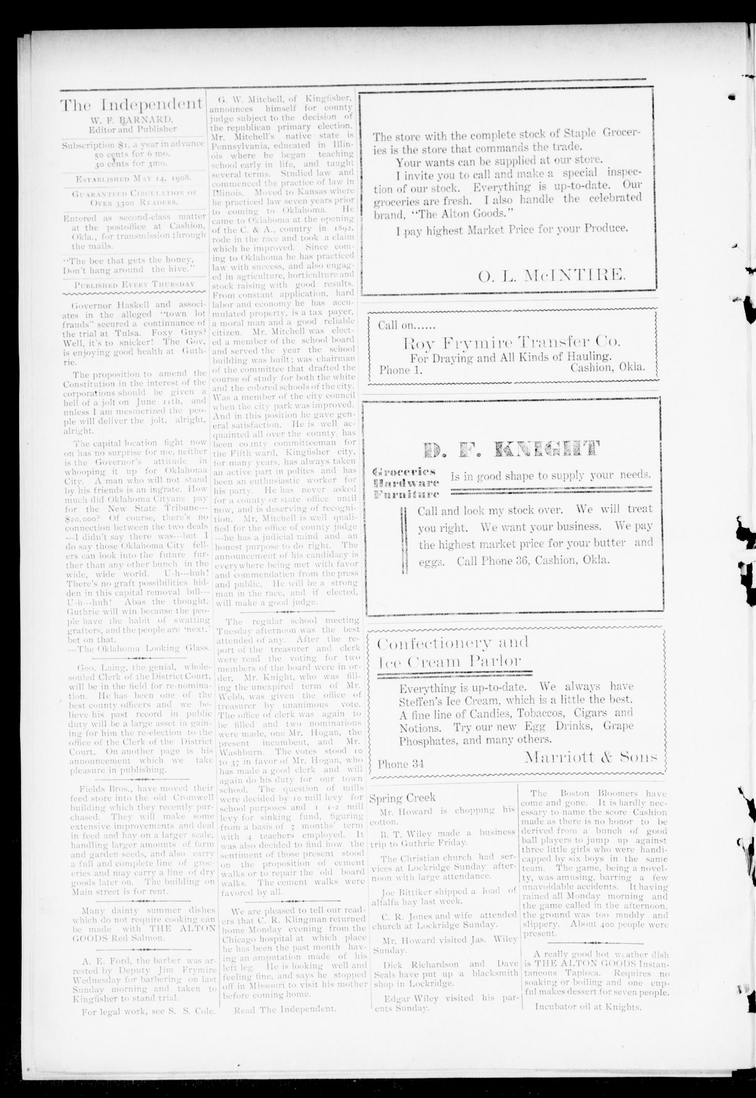 The Independent. (Cashion, Okla.), Vol. 3, No. 5, Ed. 1 Thursday, June 9, 1910
                                                
                                                    [Sequence #]: 4 of 12
                                                