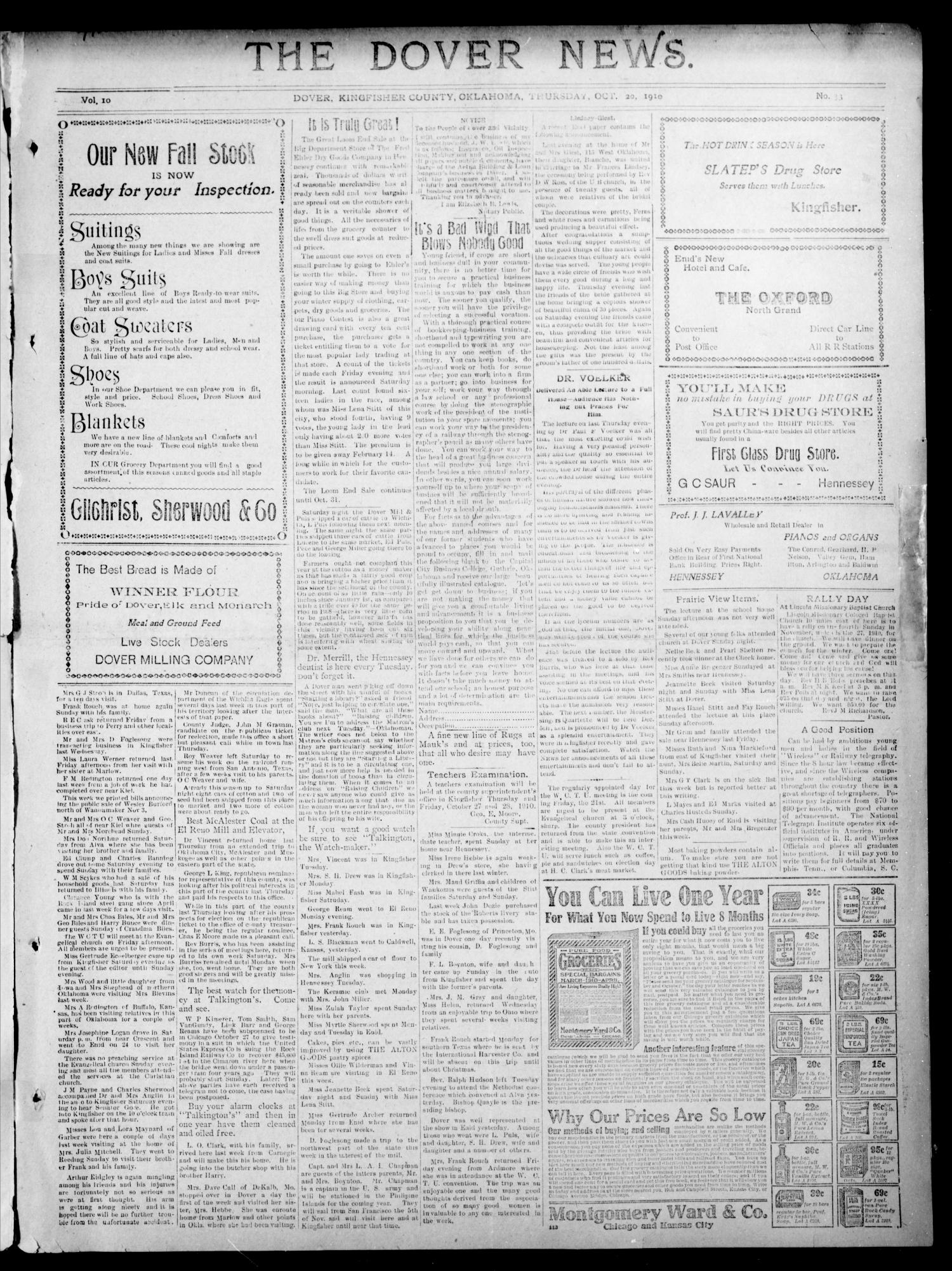 The Dover News. (Dover, Okla.), Vol. 10, No. 33, Ed. 1 Thursday, October 20, 1910
                                                
                                                    [Sequence #]: 1 of 4
                                                