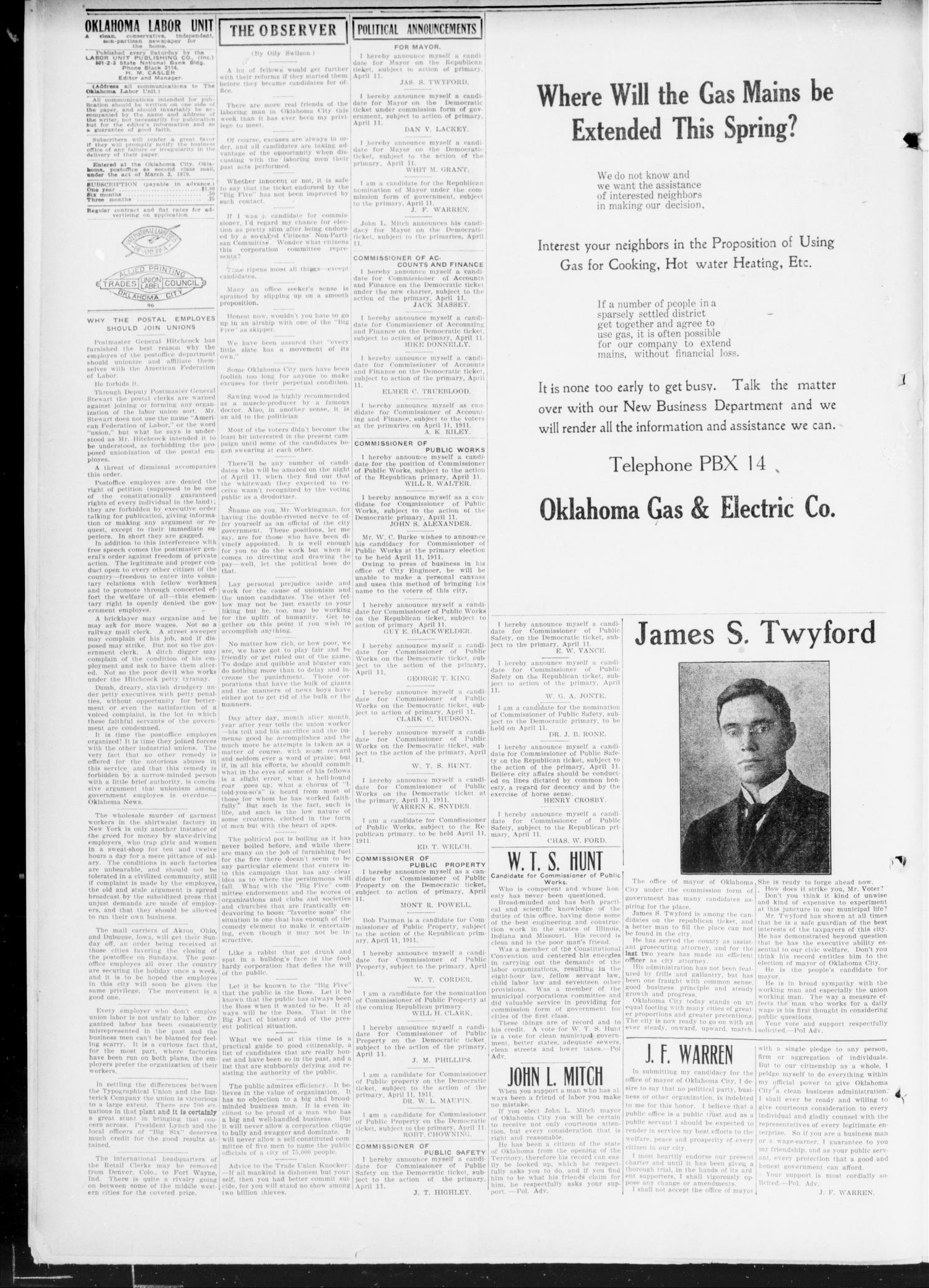 The Oklahoma Labor Unit (Oklahoma City, Okla.), Vol. 2, No. 43, Ed. 1 Saturday, April 8, 1911
                                                
                                                    [Sequence #]: 4 of 8
                                                