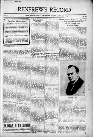 Renfrew's Record (Alva, Okla.), Vol. 11, No. 24, Ed. 1 Friday, April 26, 1912