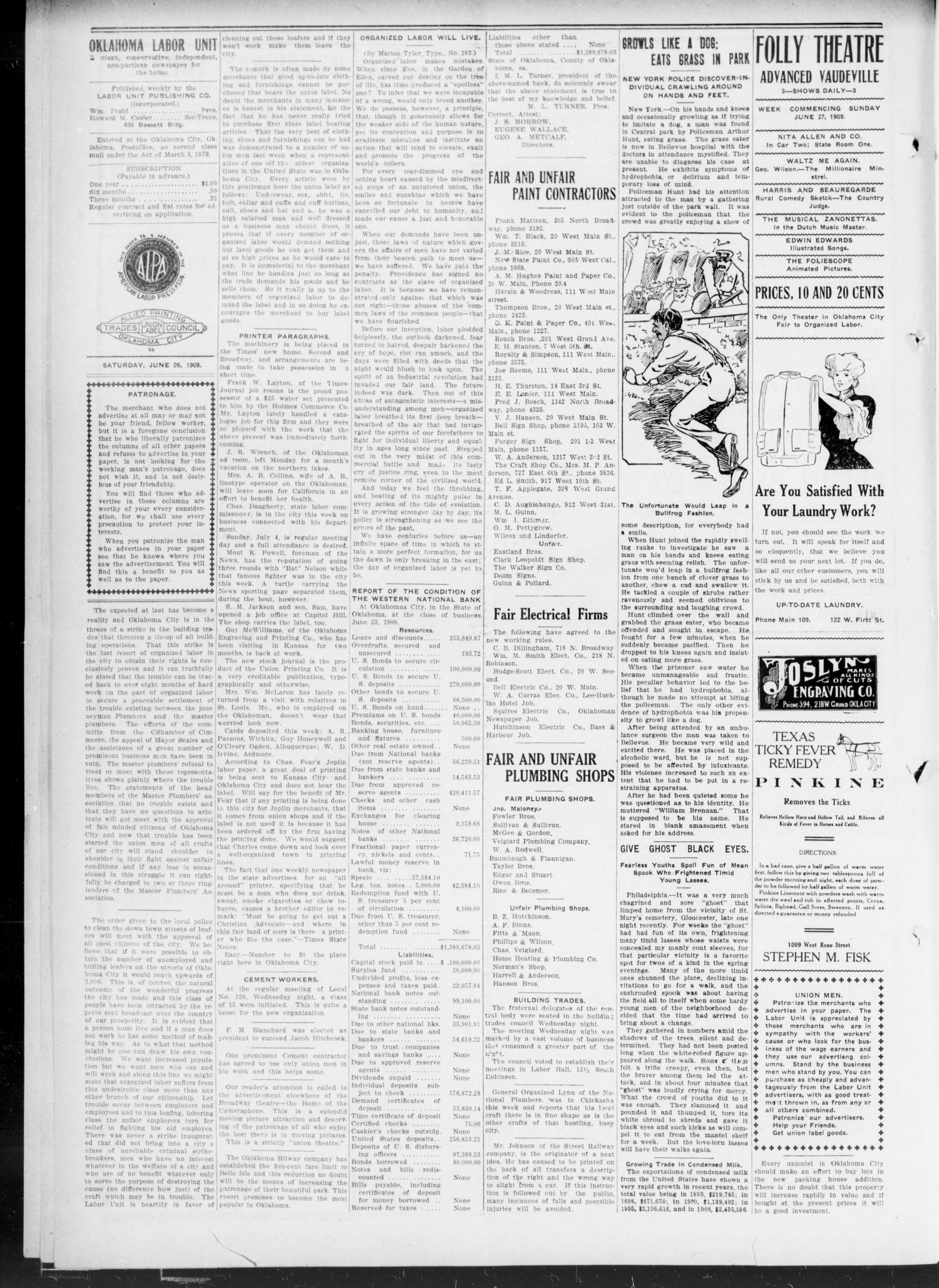 The Oklahoma Labor Unit (Oklahoma City, Okla.), Vol. 2, No. 1, Ed. 1 Saturday, June 26, 1909
                                                
                                                    [Sequence #]: 4 of 8
                                                