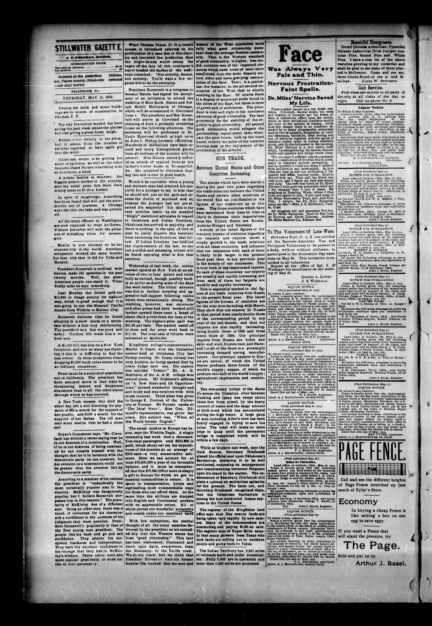 The Stillwater Gazette. (Stillwater, Okla.), Vol. 14, No. 22, Ed. 1 Thursday, May 28, 1903
                                                
                                                    [Sequence #]: 4 of 8
                                                