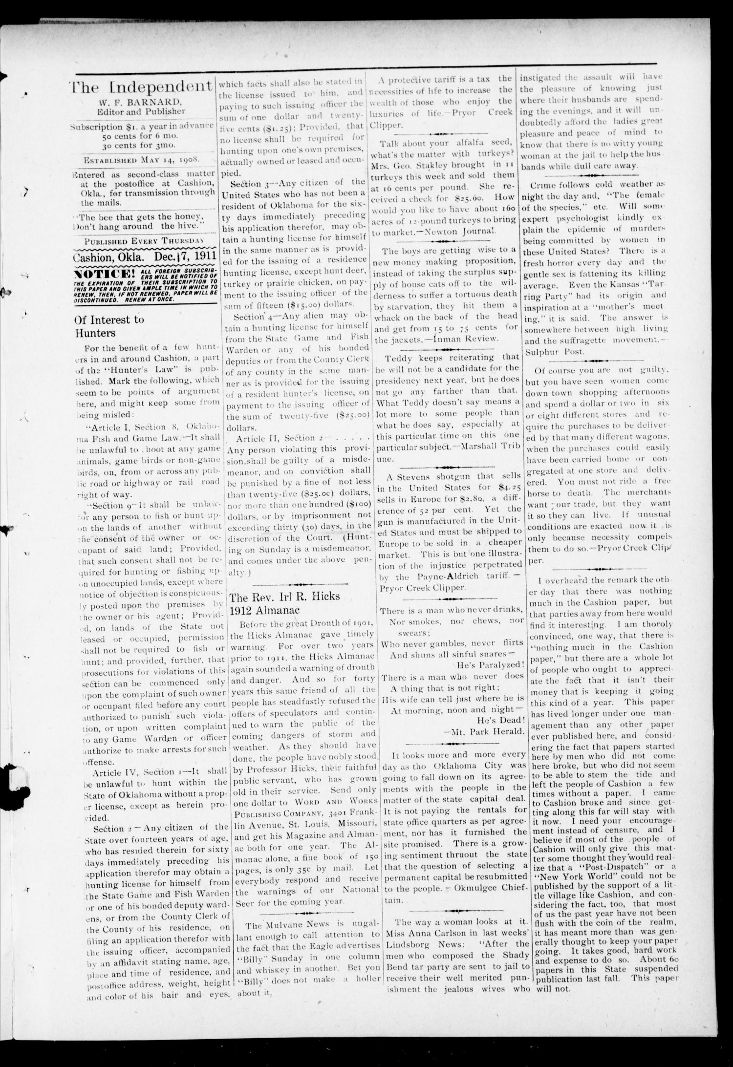 The Independent. (Cashion, Okla.), Vol. 4, No. 31, Ed. 1 Thursday, December 7, 1911
                                                
                                                    [Sequence #]: 3 of 6
                                                