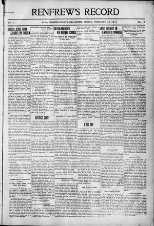 Renfrew's Record (Alva, Okla.), Vol. 11, No. 14, Ed. 1 Friday, February 16, 1912