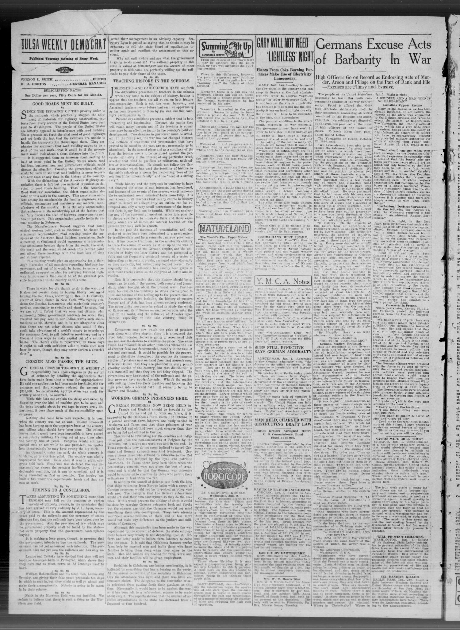 The Tulsa Weekly Democrat (Tulsa, Okla.), Vol. 20, No. 35, Ed. 1 Thursday, January 3, 1918
                                                
                                                    [Sequence #]: 4 of 8
                                                