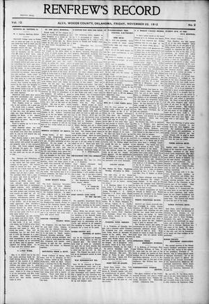 Renfrew's Record (Alva, Okla.), Vol. 12, No. 2, Ed. 1 Friday, November 22, 1912
