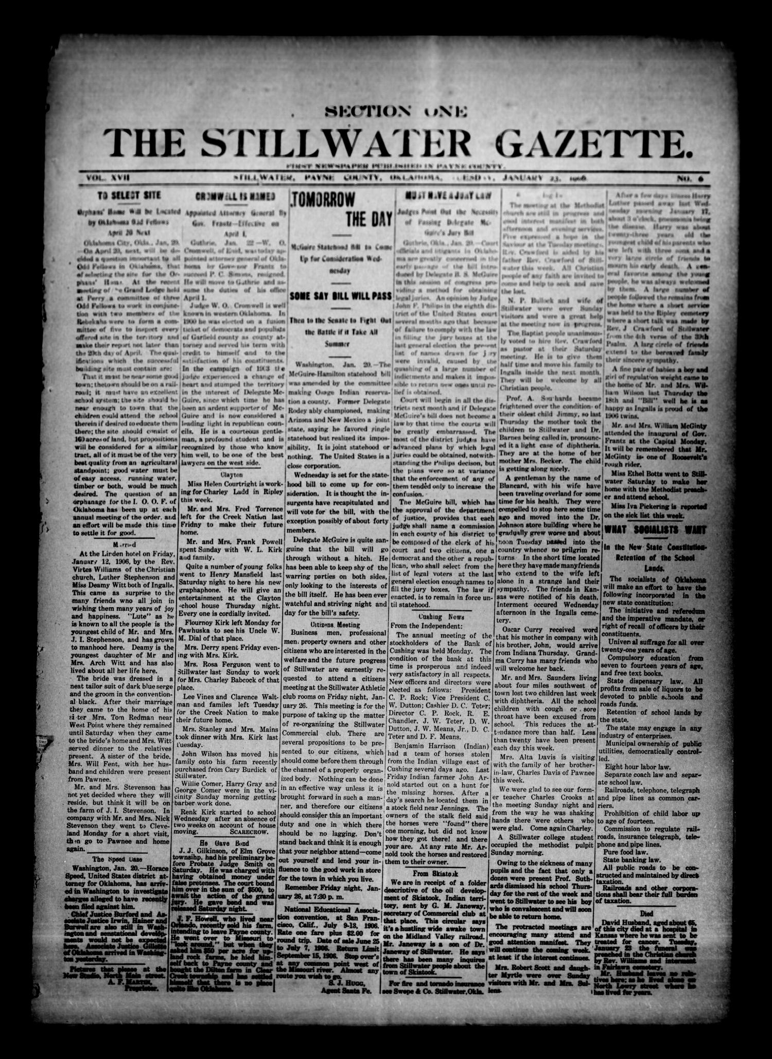 The Stillwater Gazette. (Stillwater, Okla.), Vol. 17, No. 6, Ed. 1 Tuesday, January 23, 1906
                                                
                                                    [Sequence #]: 1 of 6
                                                