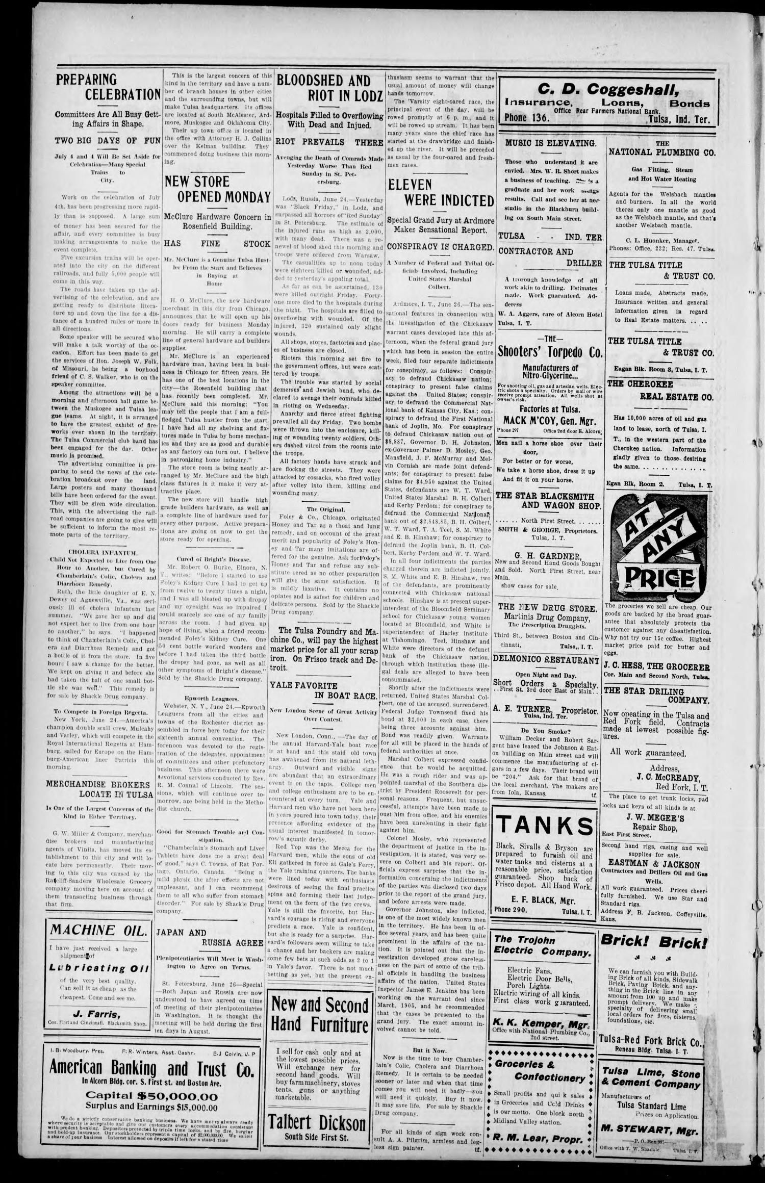The Tulsa Democrat. (Tulsa, Indian Terr.), Vol. 6, No. 27, Ed. 1 Friday, June 30, 1905
                                                
                                                    [Sequence #]: 4 of 12
                                                