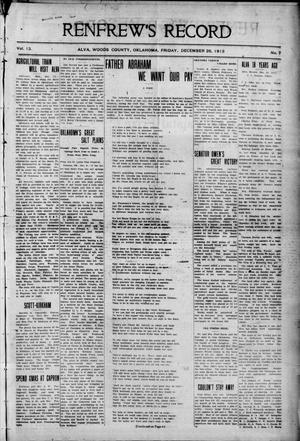 Primary view of object titled 'Renfrew's Record (Alva, Okla.), Vol. 13, No. 7, Ed. 1 Friday, December 26, 1913'.