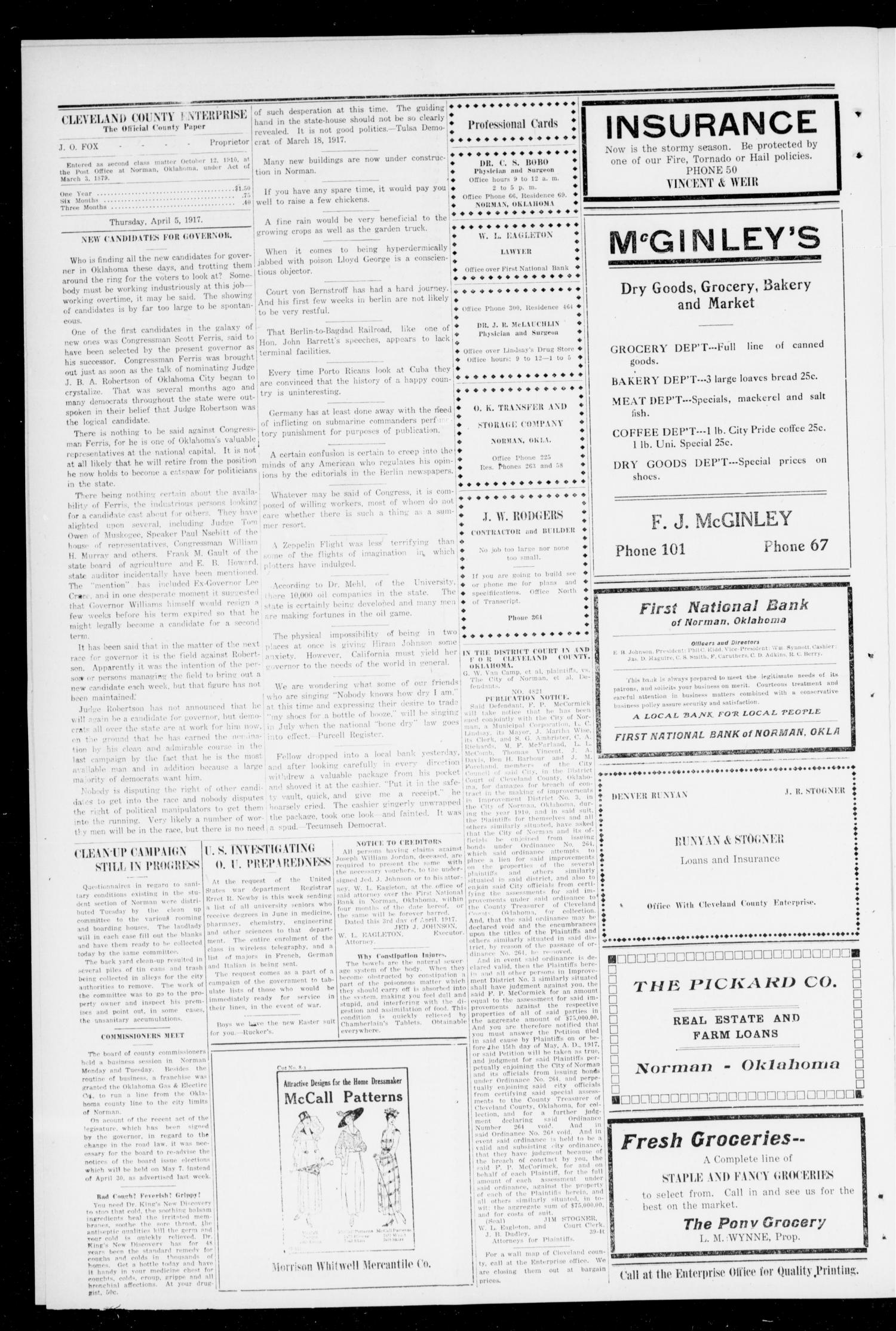 Cleveland County Enterprise (Norman, Okla.), Vol. 25, No. 40, Ed. 1 Thursday, April 5, 1917
                                                
                                                    [Sequence #]: 4 of 8
                                                