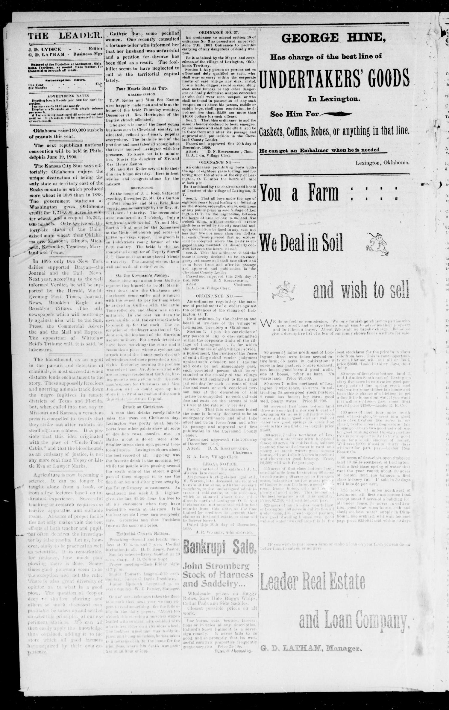 Cleveland County Leader (Lexington, Okla. Terr.), Vol. 9, No. 13, Ed. 1 Saturday, December 30, 1899
                                                
                                                    [Sequence #]: 4 of 8
                                                