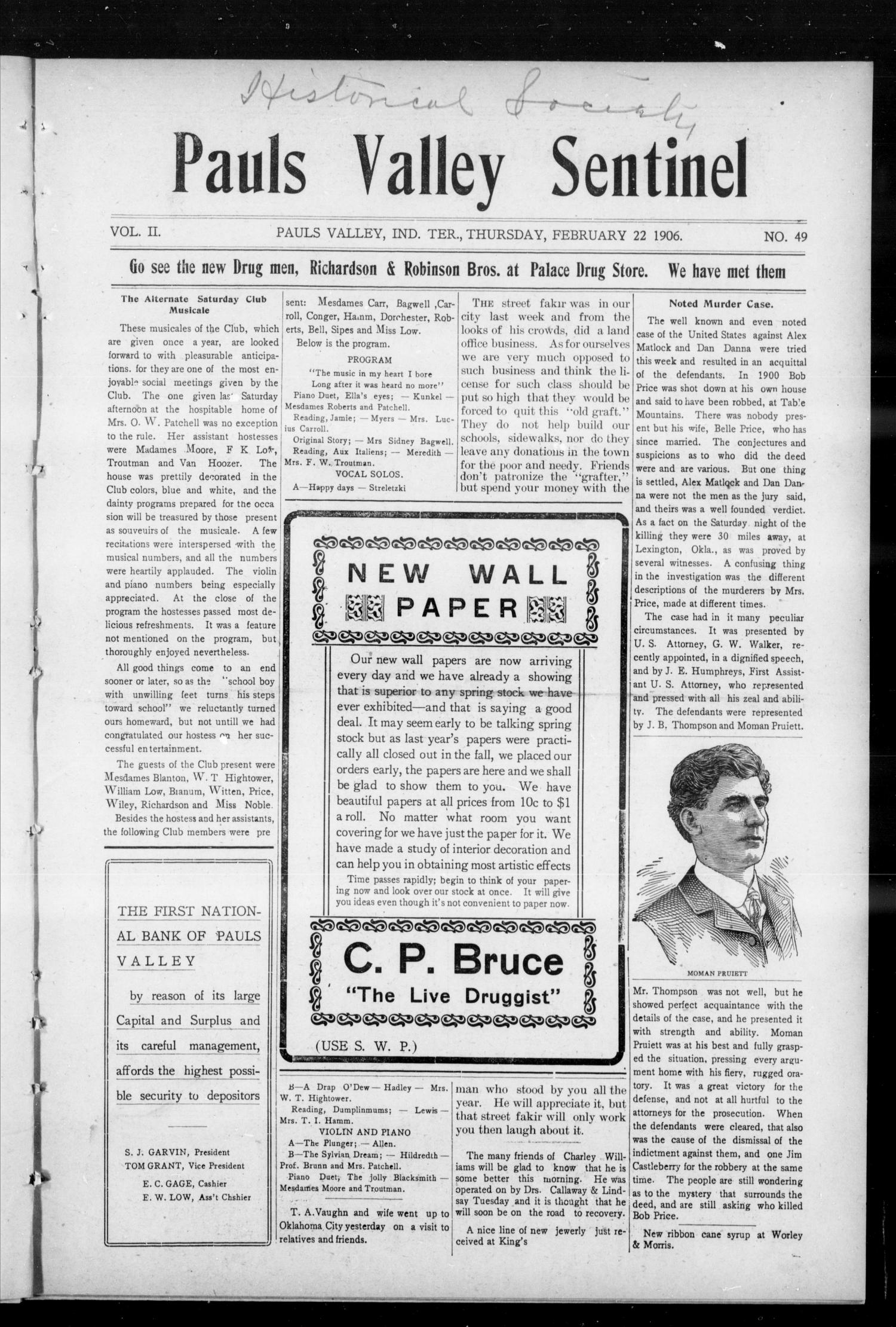 Pauls Valley Sentinel (Pauls Valley, Indian Terr.), Vol. 2, No. 49, Ed. 1 Thursday, February 22, 1906
                                                
                                                    [Sequence #]: 1 of 14
                                                