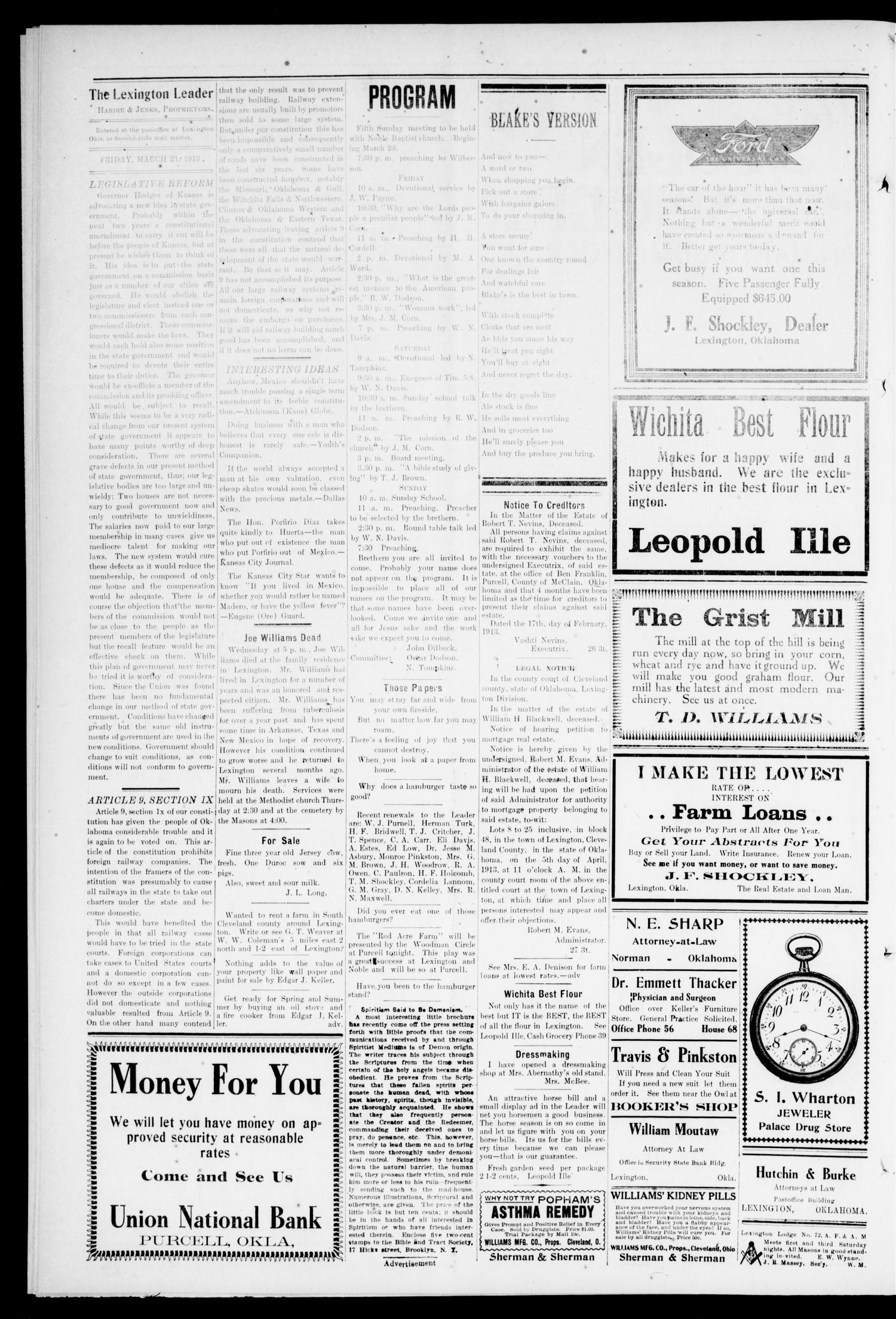 The Lexington Leader (Lexington, Okla.), Vol. 22, No. 27, Ed. 1 Friday, March 21, 1913
                                                
                                                    [Sequence #]: 4 of 8
                                                