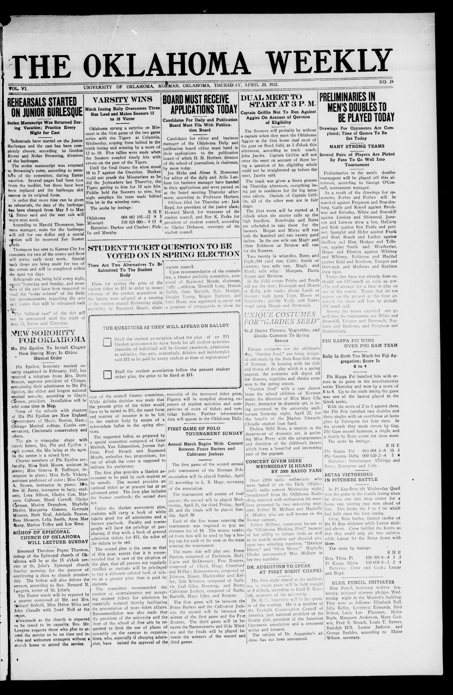 The Oklahoma Weekly (Norman, Okla.), Vol. 6, No. 24, Ed. 1 Thursday, April 20, 1922
                                                
                                                    [Sequence #]: 1 of 4
                                                