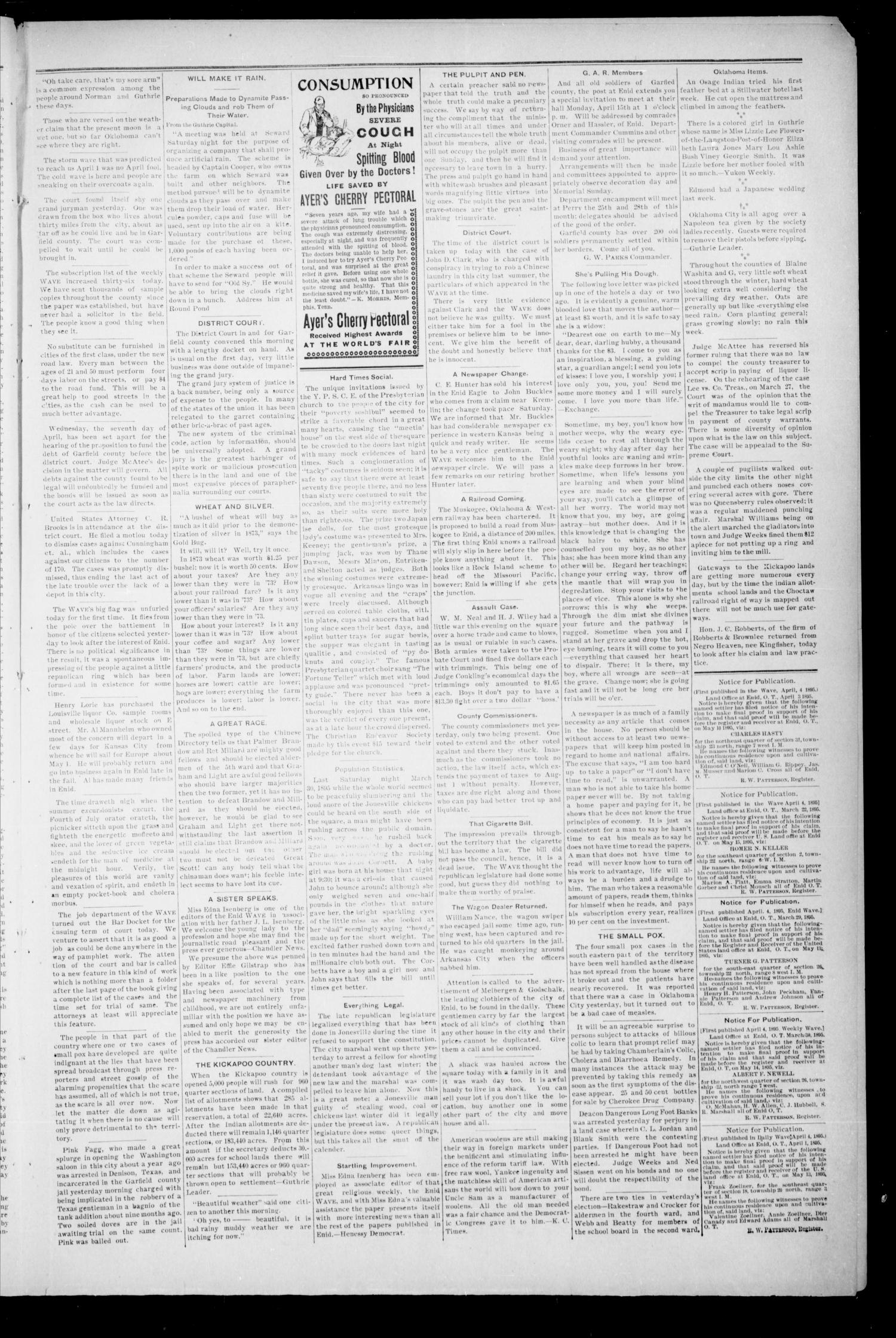 The Enid Weekly Wave. (Enid, Okla. Terr.), Vol. 2, No. 14, Ed. 1 Thursday, April 4, 1895
                                                
                                                    [Sequence #]: 5 of 8
                                                