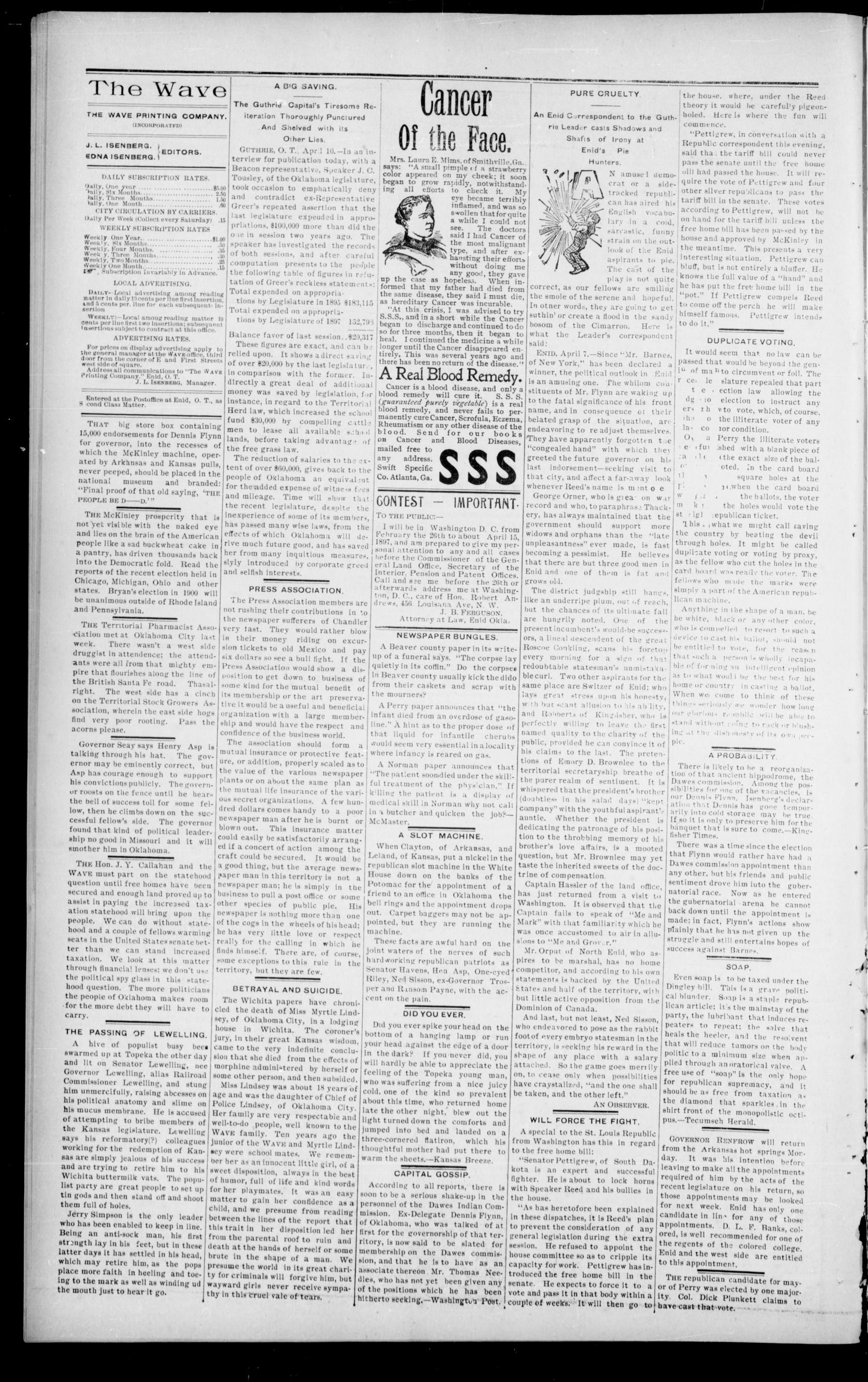 The Enid Weekly Wave. (Enid, Okla. Terr.), Vol. 4, No. 15, Ed. 1 Thursday, April 15, 1897
                                                
                                                    [Sequence #]: 4 of 8
                                                