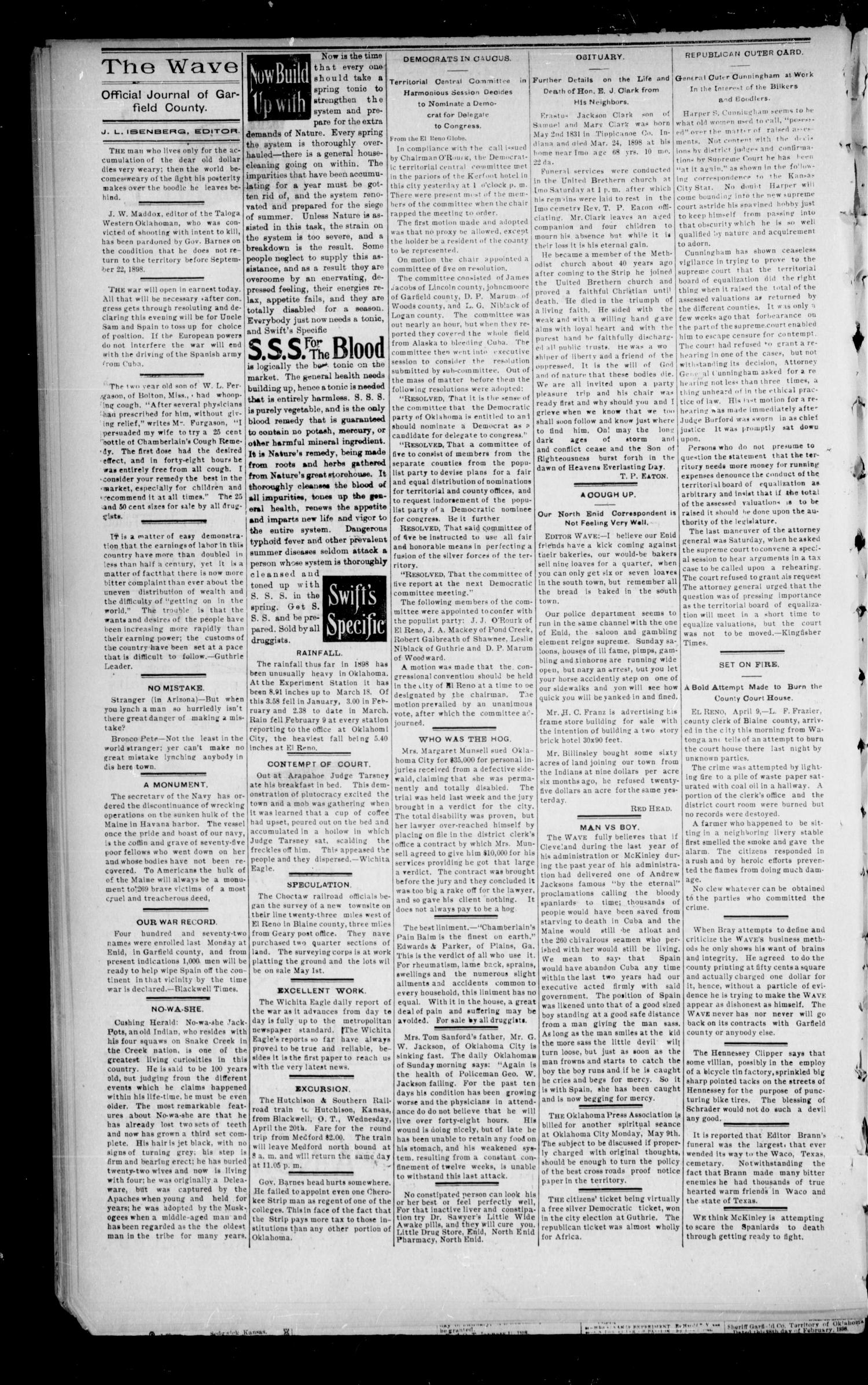 The Enid Weekly Wave. (Enid, Okla. Terr.), Vol. 4, No. 15, Ed. 1 Thursday, April 14, 1898
                                                
                                                    [Sequence #]: 4 of 8
                                                