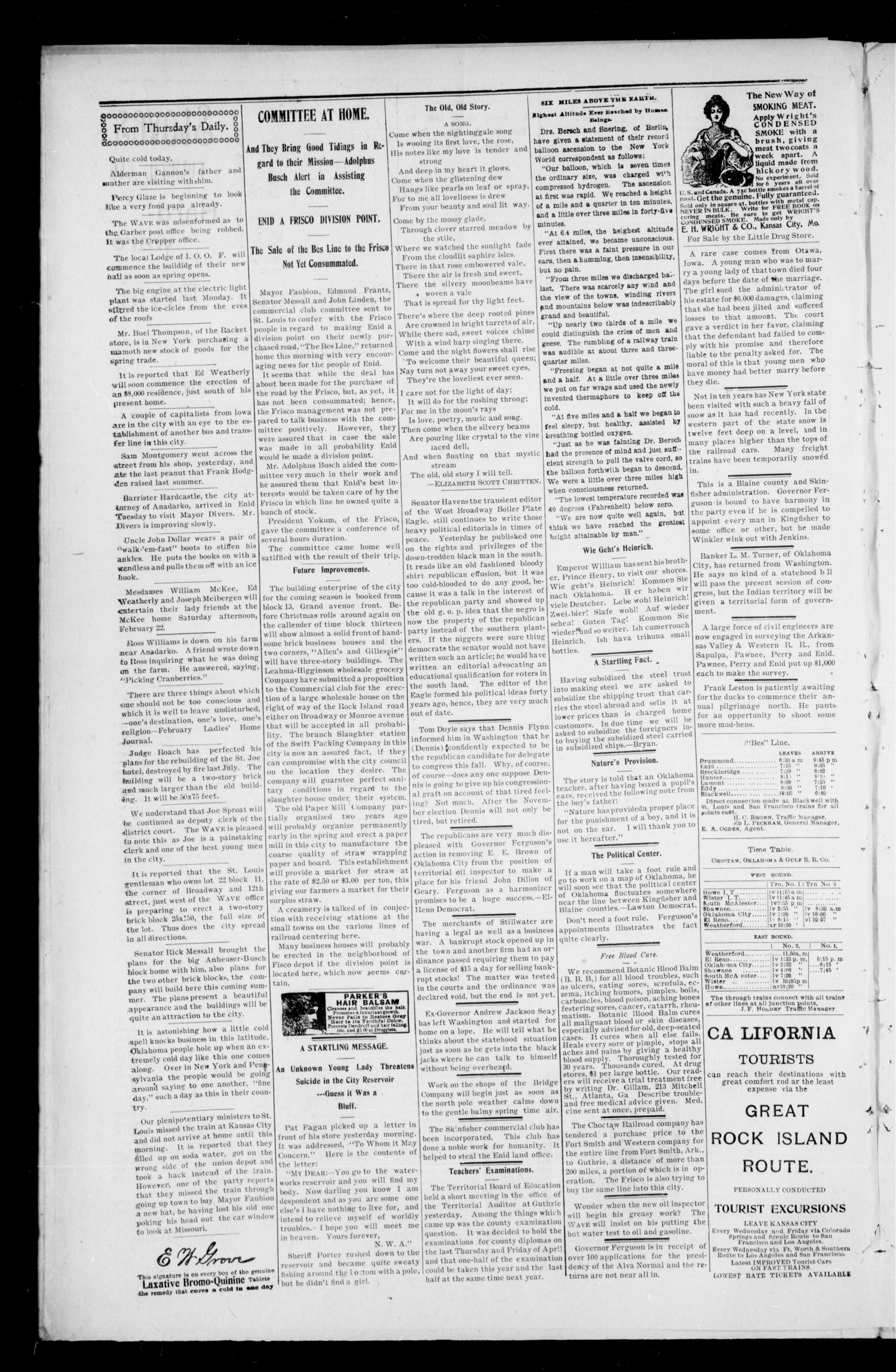 The Enid Weekly Wave. (Enid, Okla. Terr.), Vol. 9, No. 8, Ed. 1 Thursday, February 27, 1902
                                                
                                                    [Sequence #]: 4 of 8
                                                