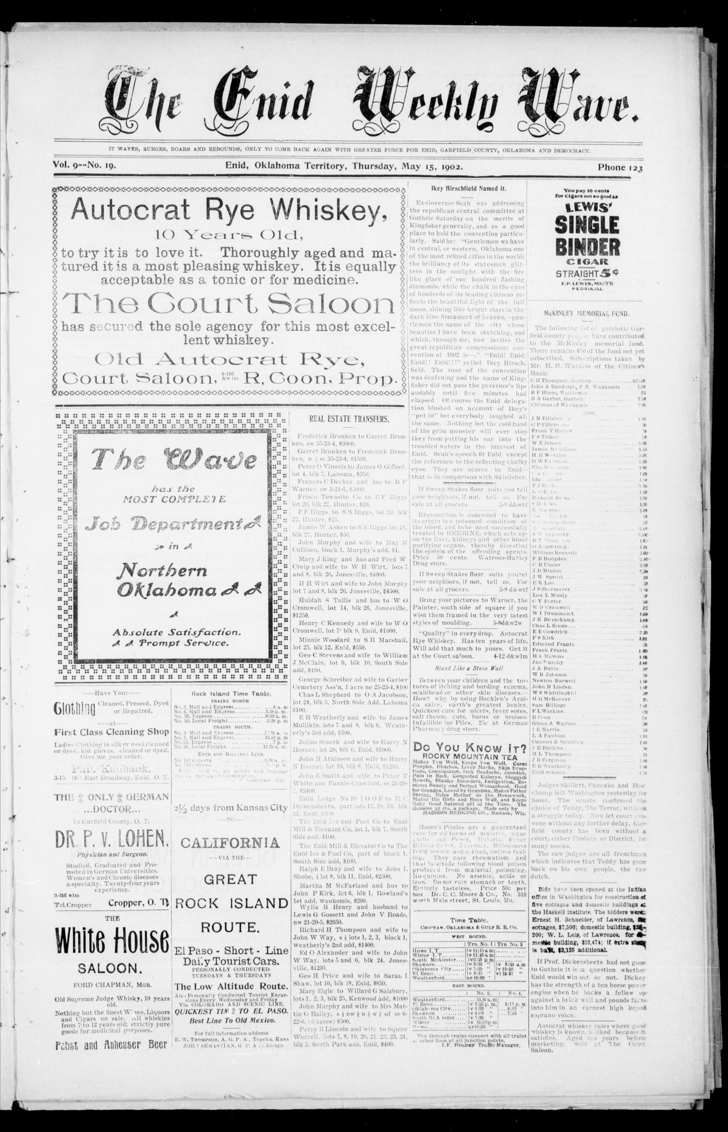 The Enid Weekly Wave. (Enid, Okla. Terr.), Vol. 9, No. 19, Ed. 1 Thursday, May 15, 1902
                                                
                                                    [Sequence #]: 1 of 8
                                                