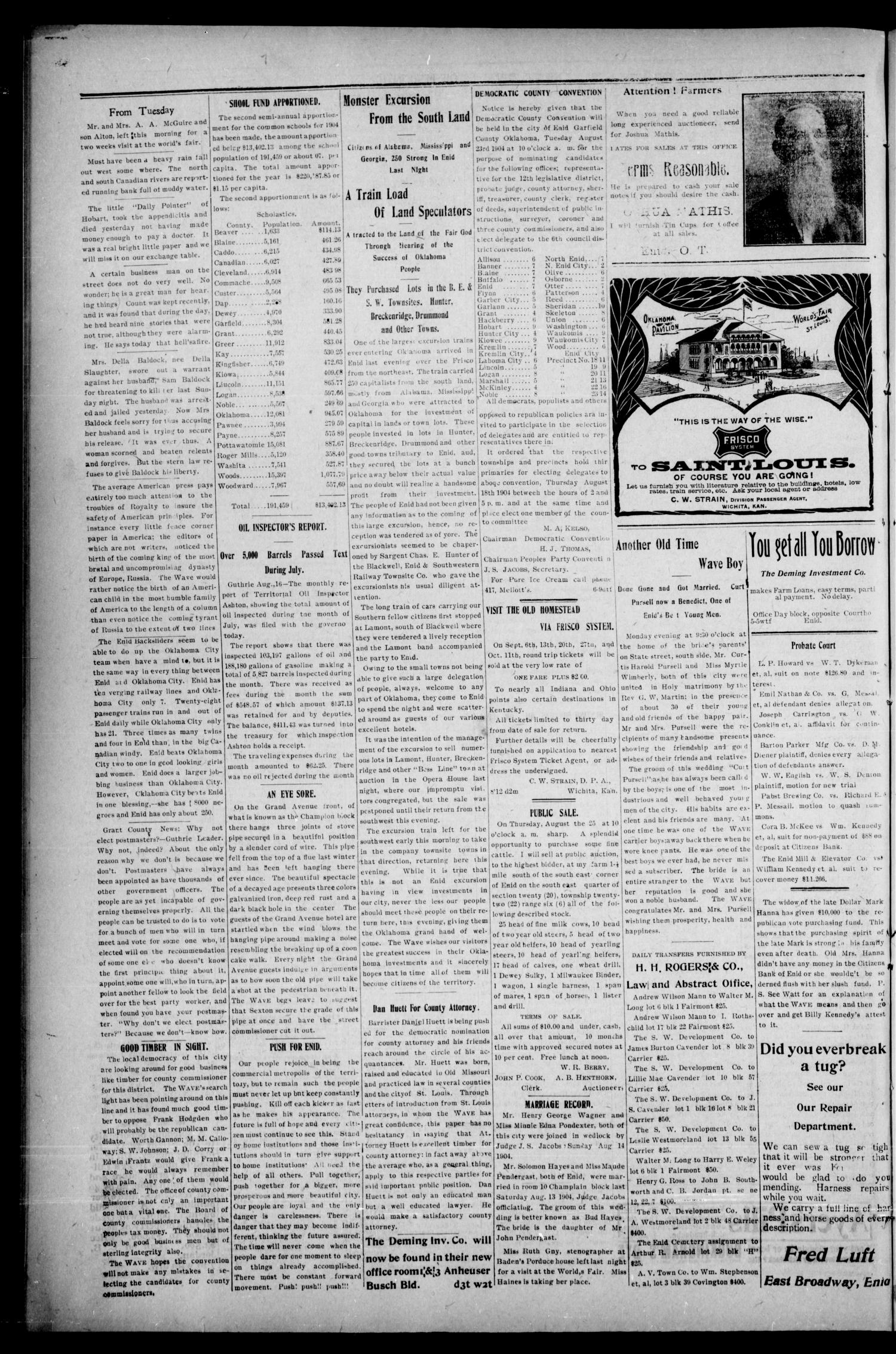 The Enid Weekly Wave. (Enid, Okla. Terr.), Vol. 11, No. 33, Ed. 1 Thursday, August 18, 1904
                                                
                                                    [Sequence #]: 6 of 8
                                                