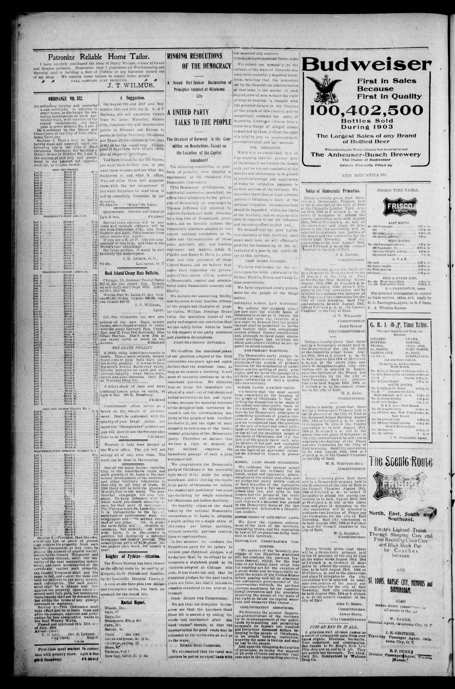 The Enid Weekly Wave. (Enid, Okla. Terr.), Vol. 11, No. 33, Ed. 1 Thursday, August 18, 1904
                                                
                                                    [Sequence #]: 8 of 8
                                                