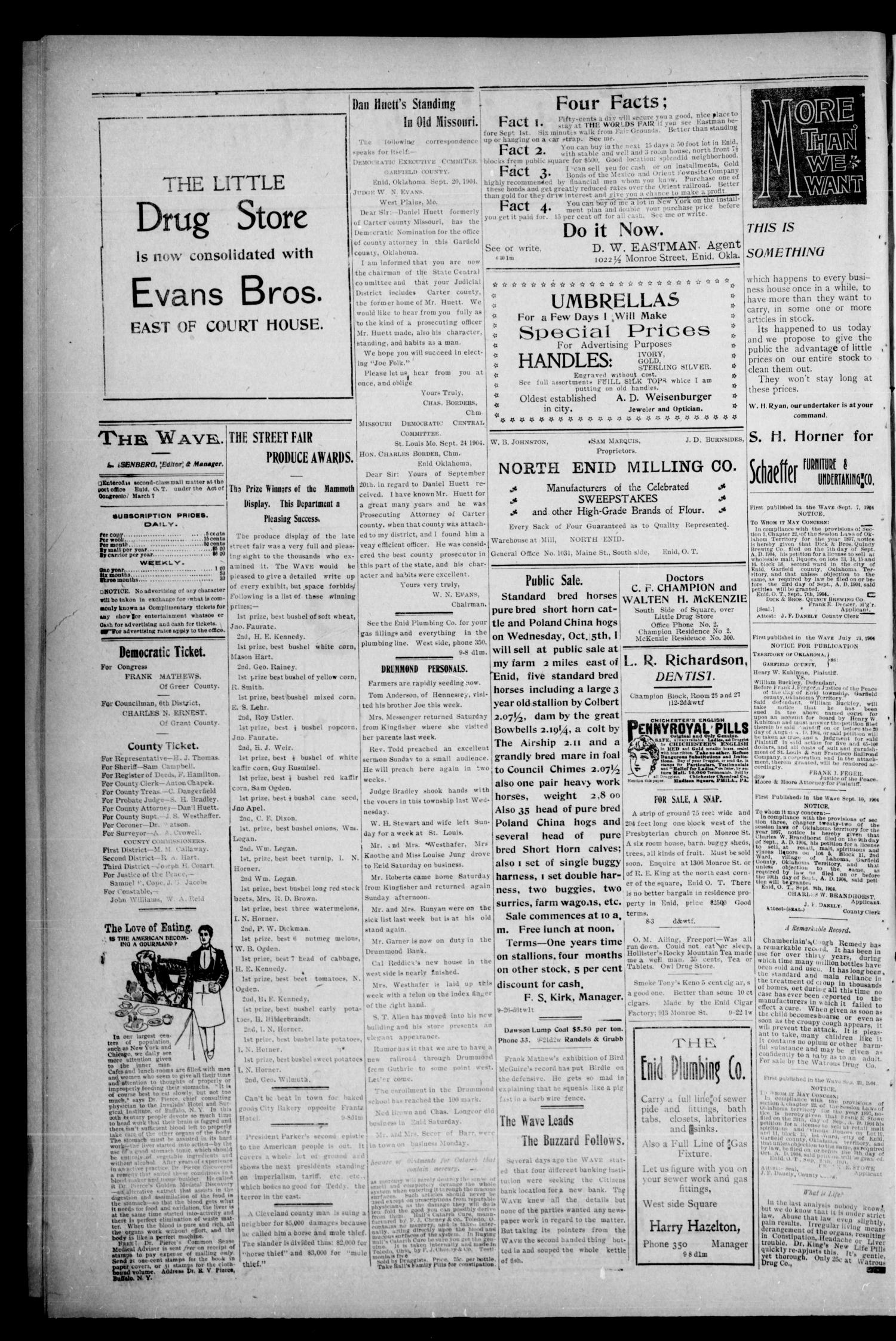 The Enid Weekly Wave. (Enid, Okla. Terr.), Vol. 11, No. 39, Ed. 1 Thursday, September 29, 1904
                                                
                                                    [Sequence #]: 2 of 8
                                                