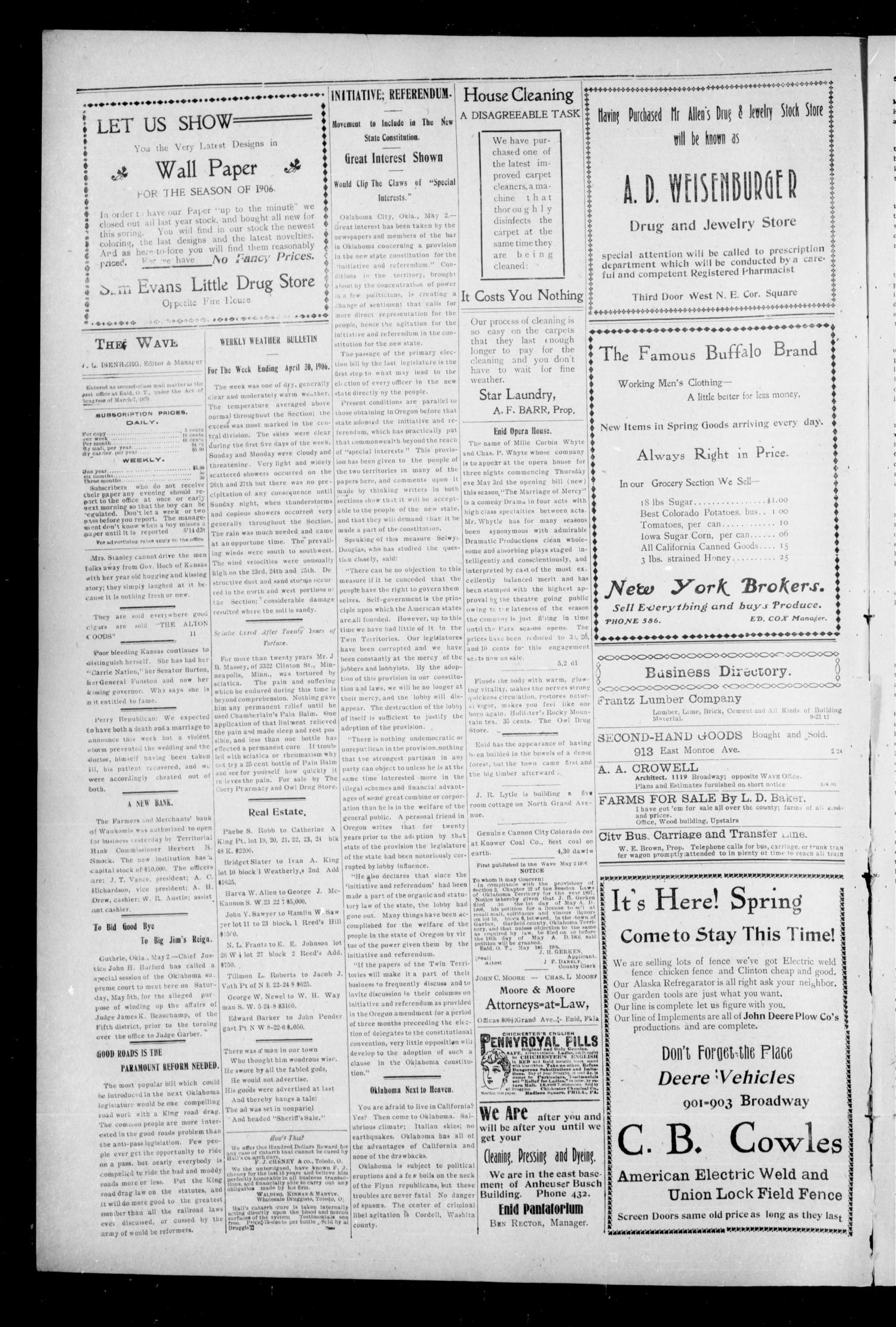 The Enid Weekly Wave. (Enid, Okla. Terr.), Vol. 13, No. 18, Ed. 1 Thursday, May 3, 1906
                                                
                                                    [Sequence #]: 2 of 8
                                                