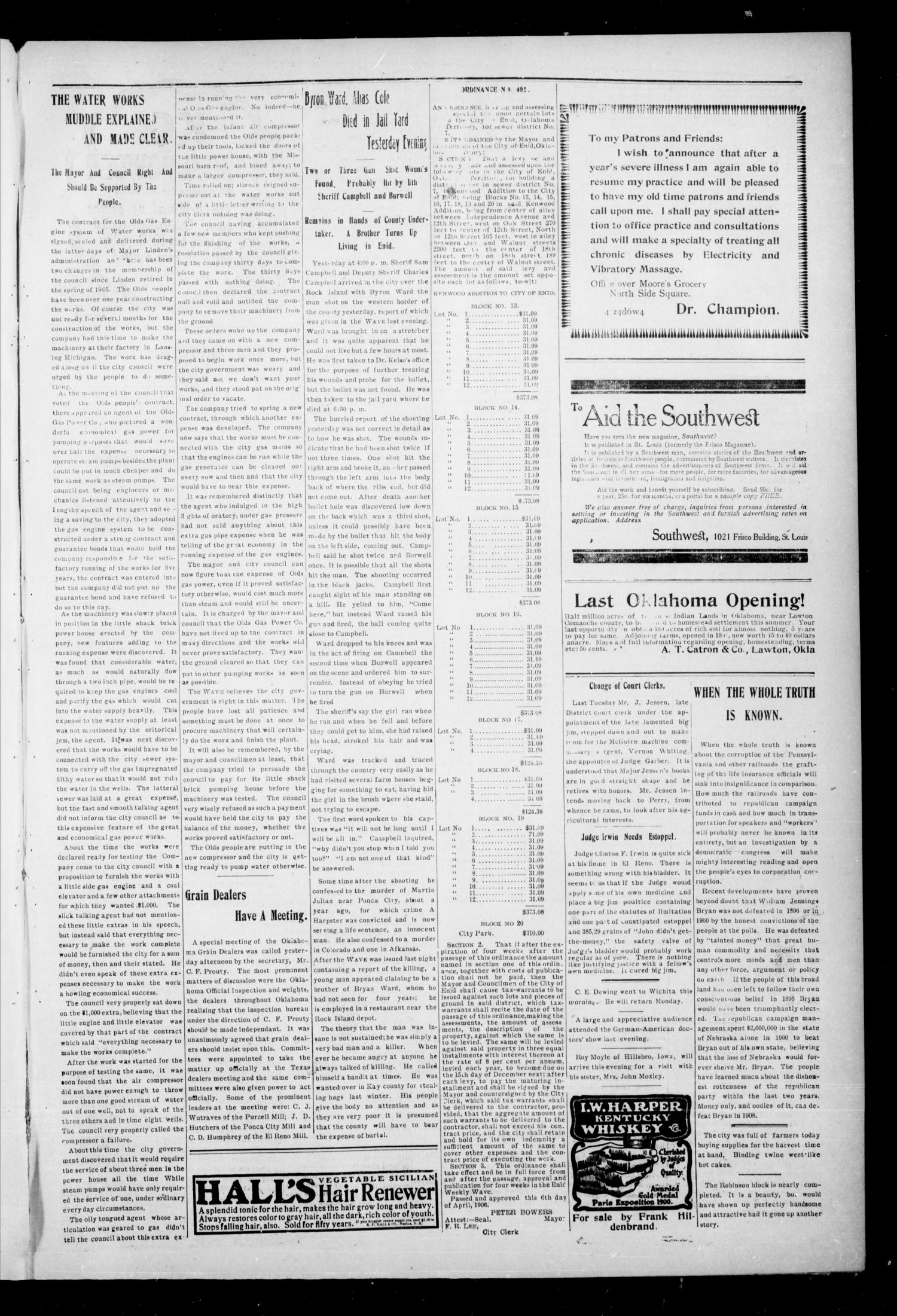 The Enid Weekly Wave. (Enid, Okla. Terr.), Vol. 13, No. 24, Ed. 1 Thursday, June 14, 1906
                                                
                                                    [Sequence #]: 3 of 8
                                                