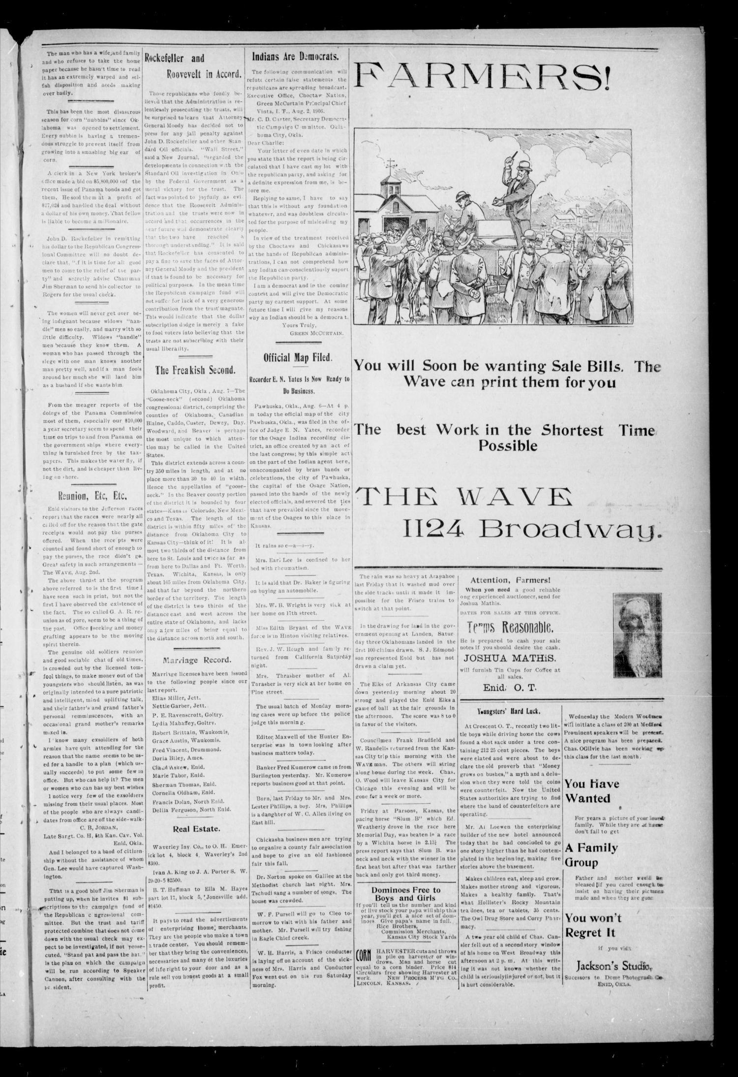 The Enid Weekly Wave. (Enid, Okla. Terr.), Vol. 13, No. 32, Ed. 1 Thursday, August 9, 1906
                                                
                                                    [Sequence #]: 3 of 8
                                                