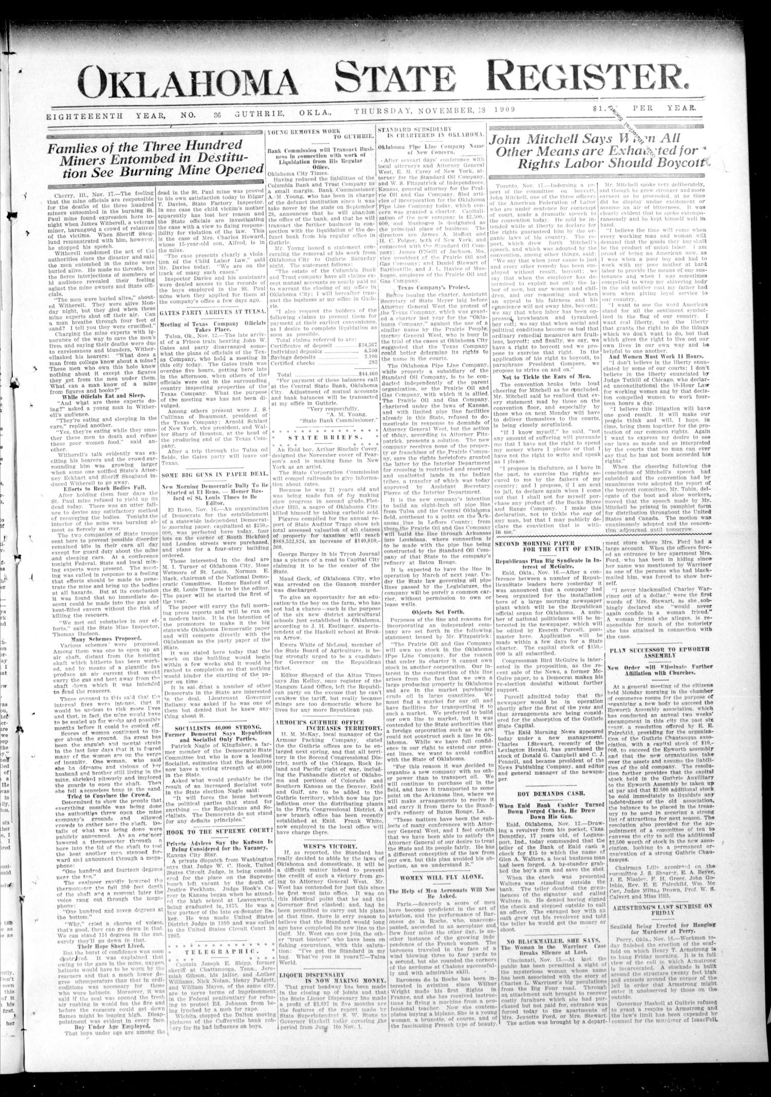 Oklahoma State Register. (Guthrie, Okla.), Vol. 18, No. 36, Ed. 1 Thursday, November 18, 1909
                                                
                                                    [Sequence #]: 1 of 8
                                                
