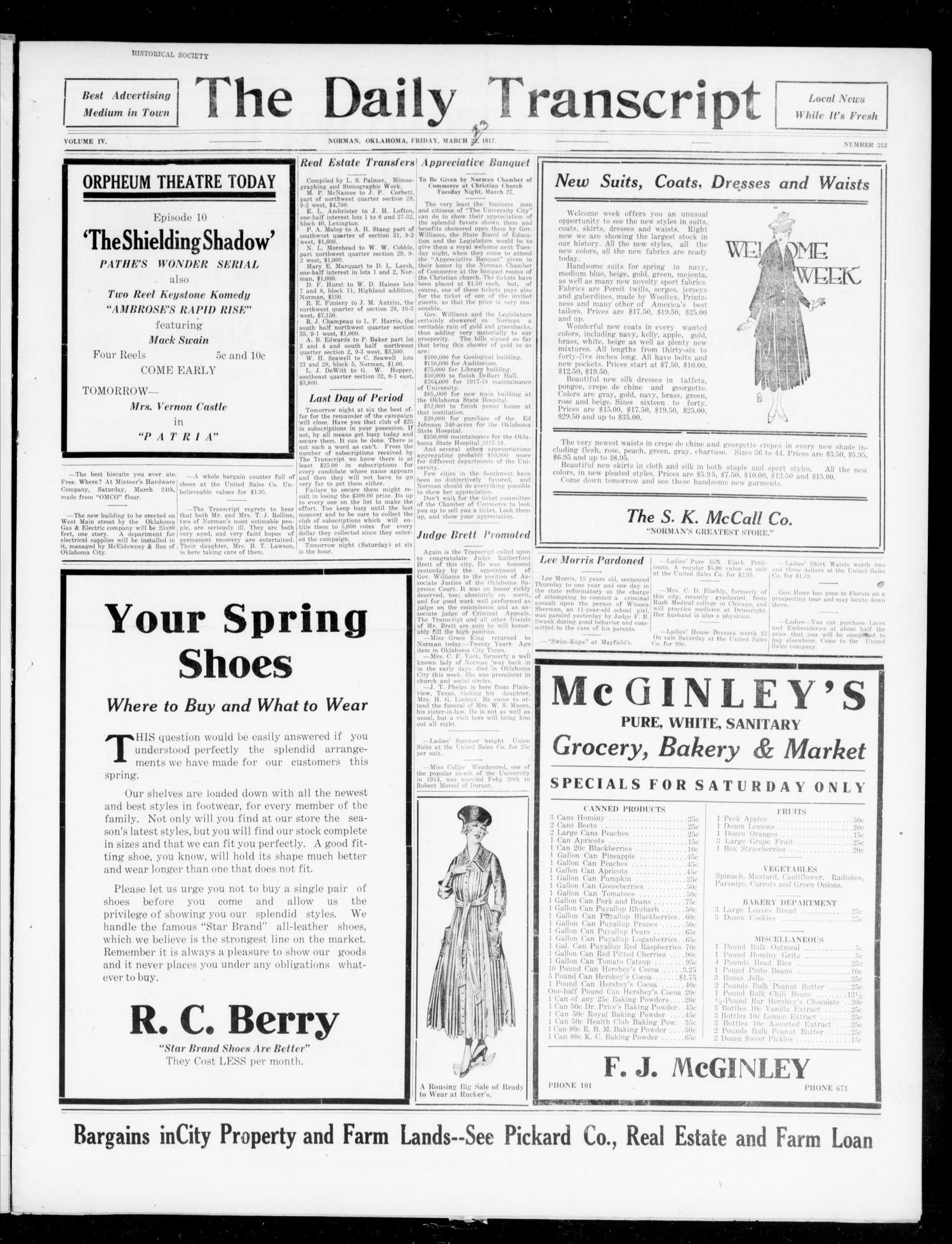 The Daily Transcript  (Norman, Okla.), Vol. 4, No. 212, Ed. 1 Friday, March 23, 1917
                                                
                                                    [Sequence #]: 1 of 4
                                                