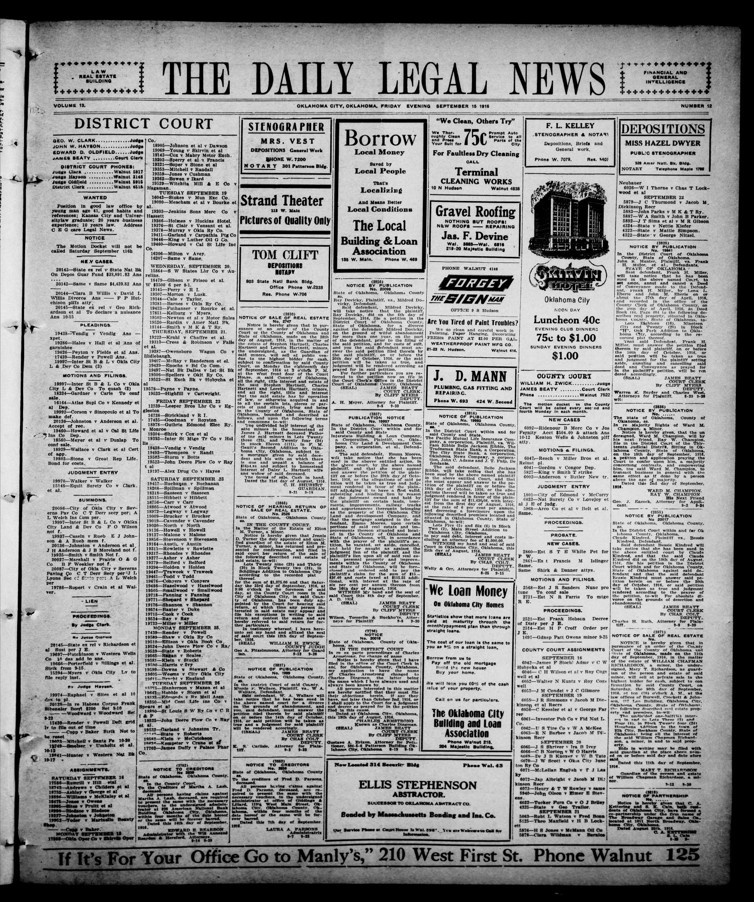 The Daily Legal News (Oklahoma City, Okla.), Vol. 13, No. 12, Ed. 1 Friday, September 15, 1916
                                                
                                                    [Sequence #]: 1 of 4
                                                