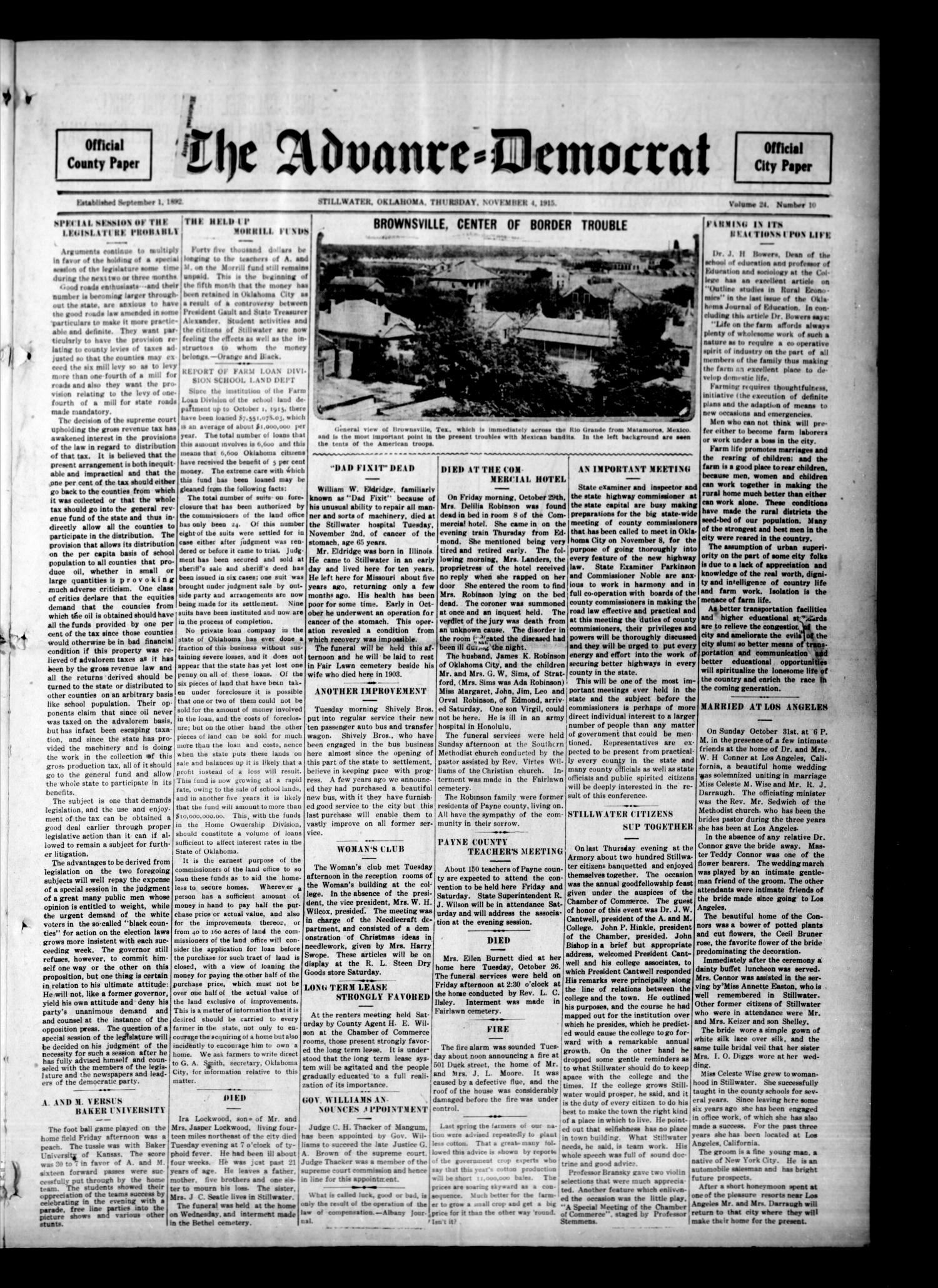The Advance--Democrat (Stillwater, Okla.), Vol. 24, No. 10, Ed. 1 Thursday, November 4, 1915
                                                
                                                    [Sequence #]: 1 of 8
                                                