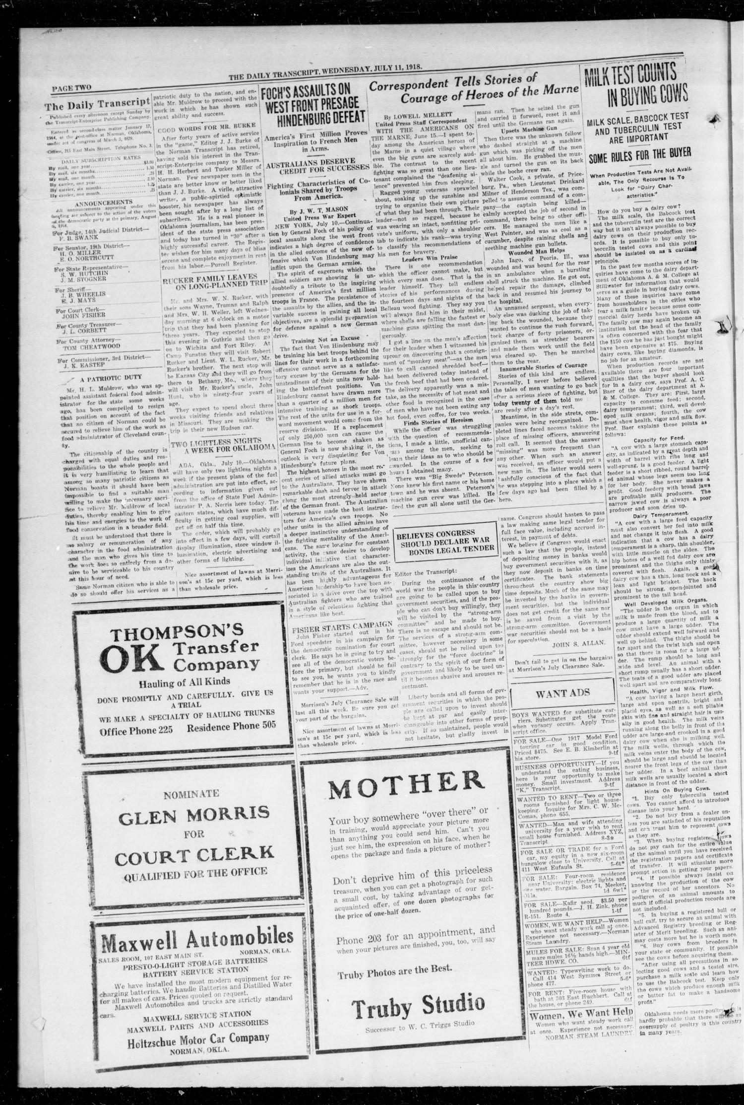 The Daily Transcript  (Norman, Okla.), Vol. 6, No. 91, Ed. 1 Wednesday, July 10, 1918
                                                
                                                    [Sequence #]: 2 of 4
                                                
