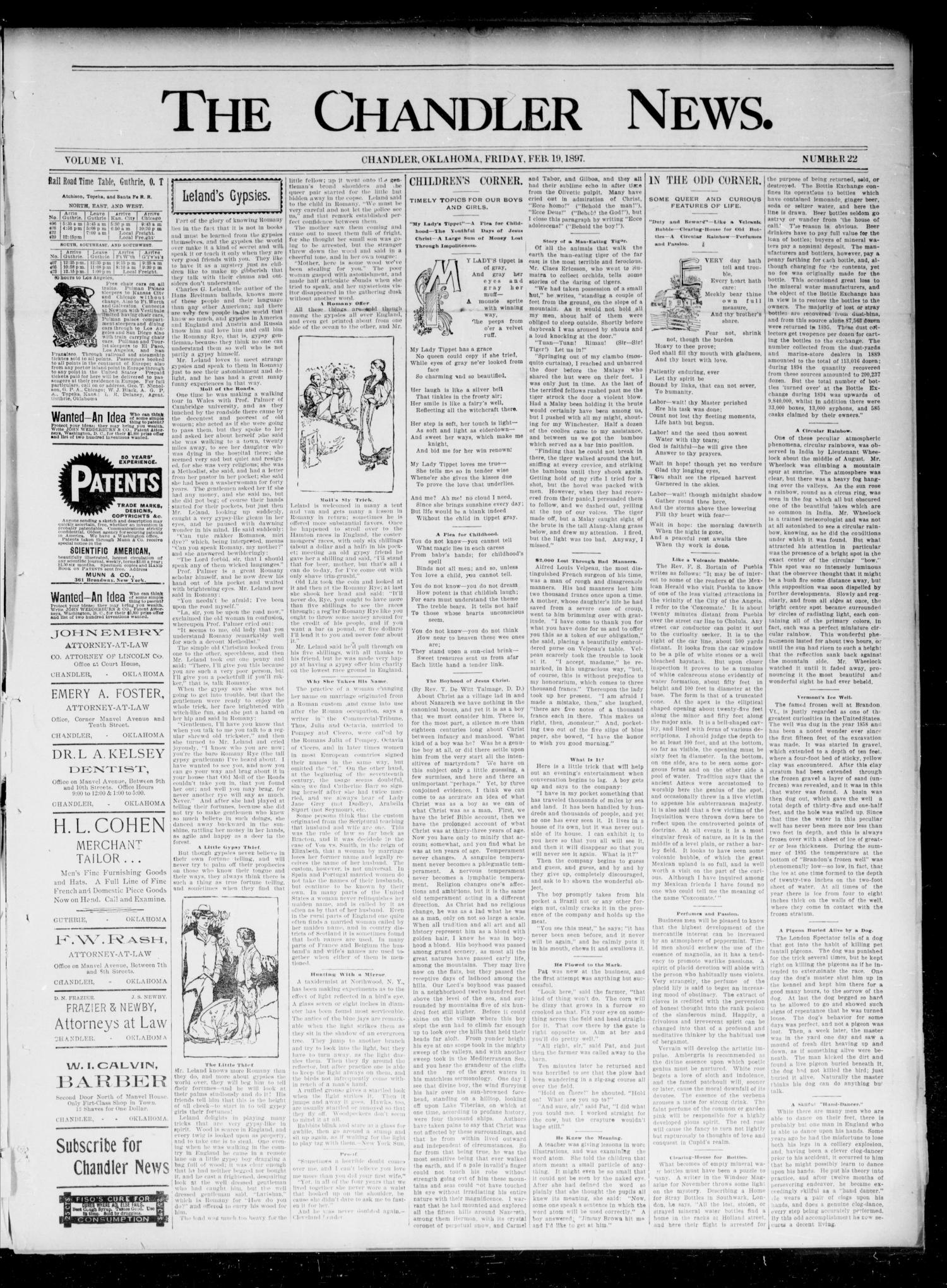 The Chandler News. (Chandler, Okla.), Vol. 6, No. 22, Ed. 1 Friday, February 19, 1897
                                                
                                                    [Sequence #]: 1 of 4
                                                