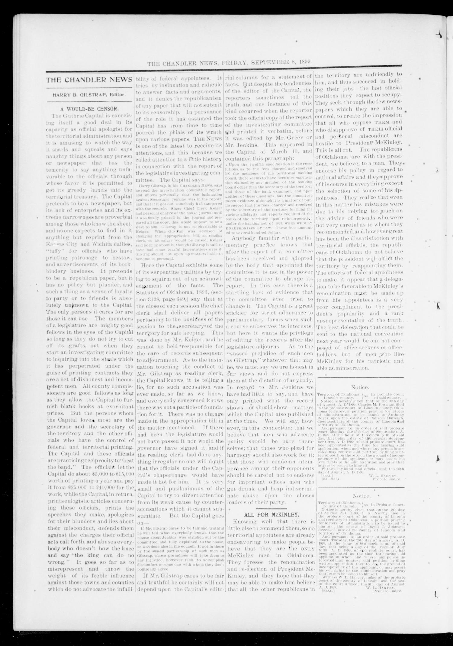 The Chandler News. (Chandler, Okla.), Vol. 8, No. 51, Ed. 1 Friday, September 8, 1899
                                                
                                                    [Sequence #]: 4 of 8
                                                