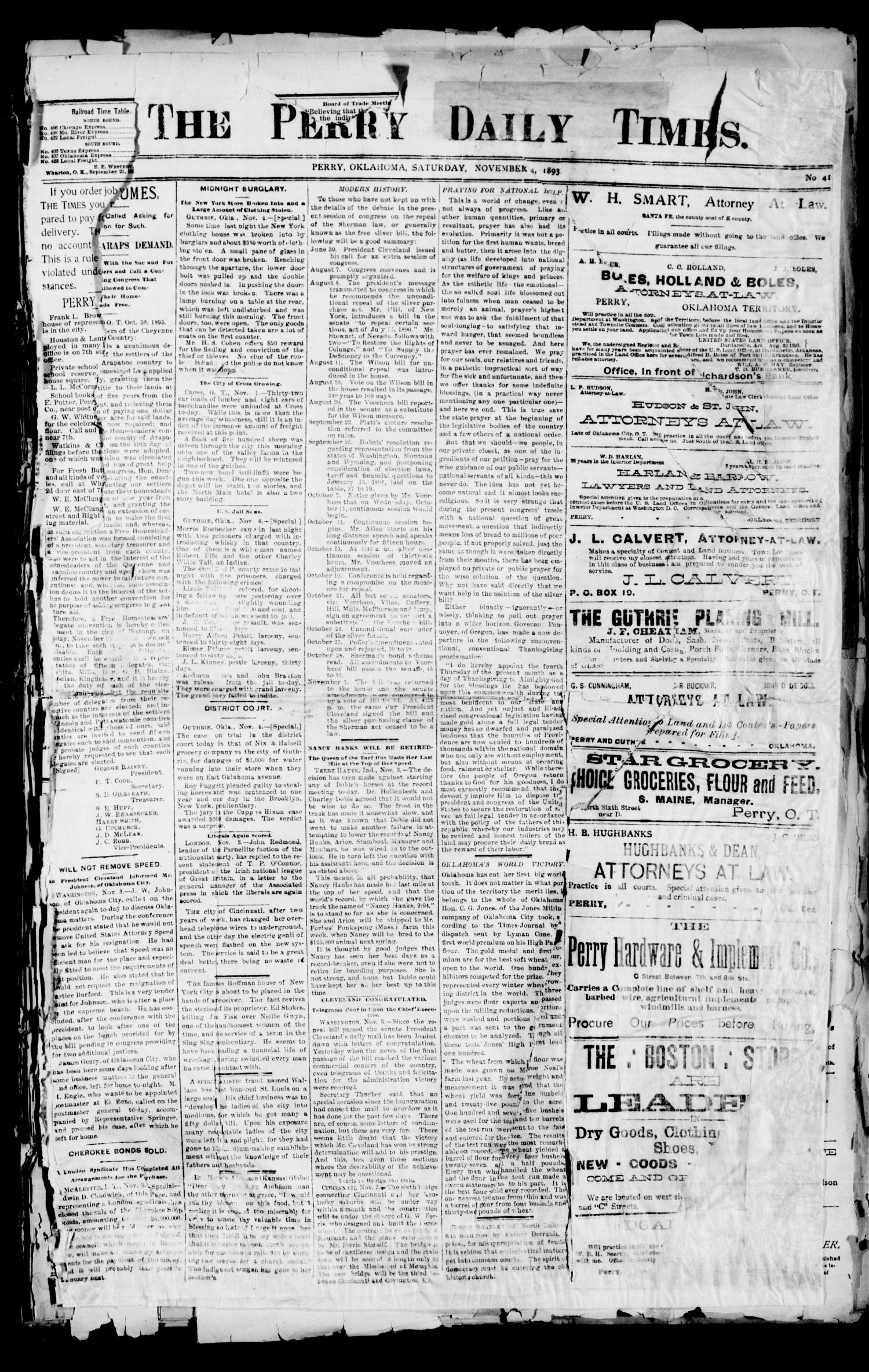 The Perry Daily Times. (Perry, Okla.), Vol. 1, No. 41, Ed. 1 Saturday, November 4, 1893
                                                
                                                    [Sequence #]: 1 of 4
                                                