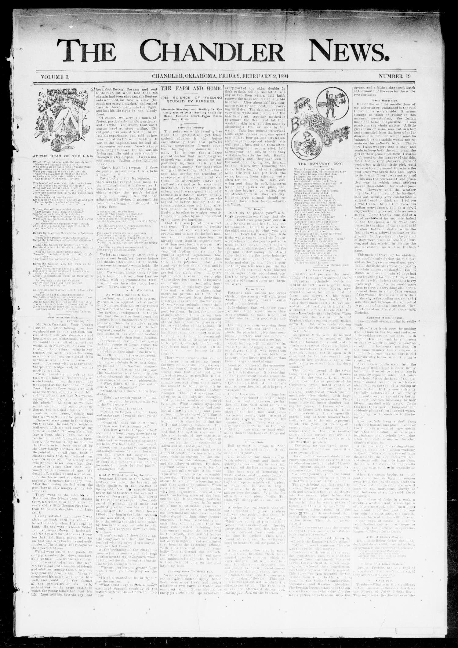 The Chandler News. (Chandler, Okla.), Vol. 3, No. 19, Ed. 1 Friday, February 2, 1894
                                                
                                                    [Sequence #]: 1 of 8
                                                